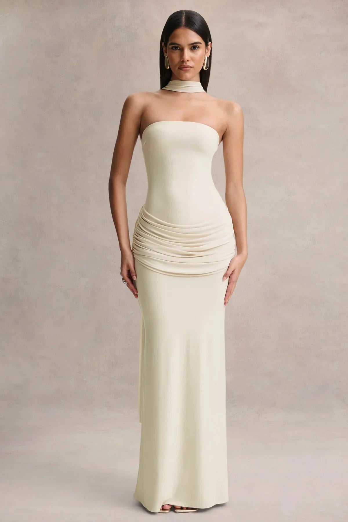 Graciella Stone Bandeau Maxi Dress With Draped Detailing And Scarf