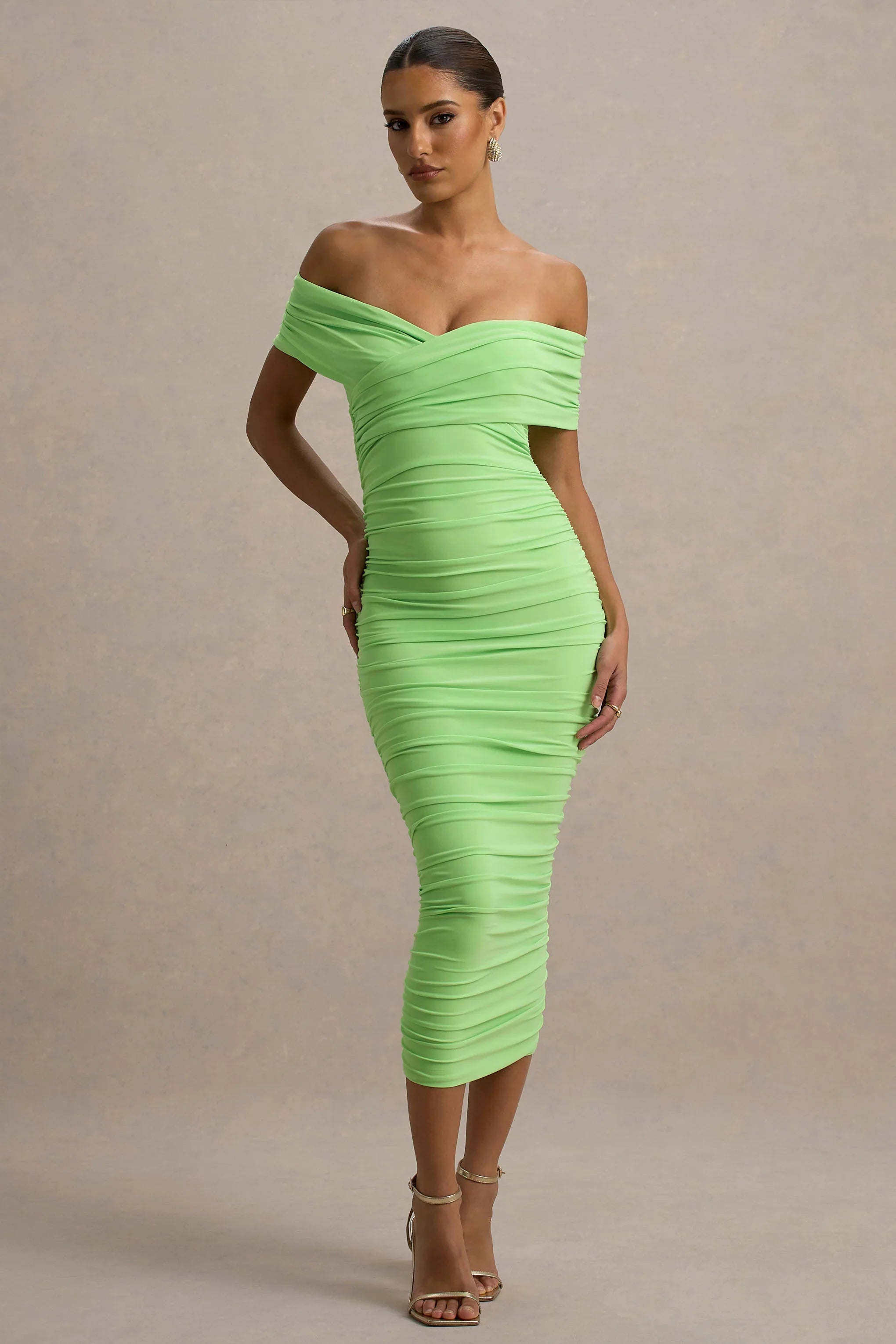Unwrapped Light Green Ruched Twist Bardot Midi Dress