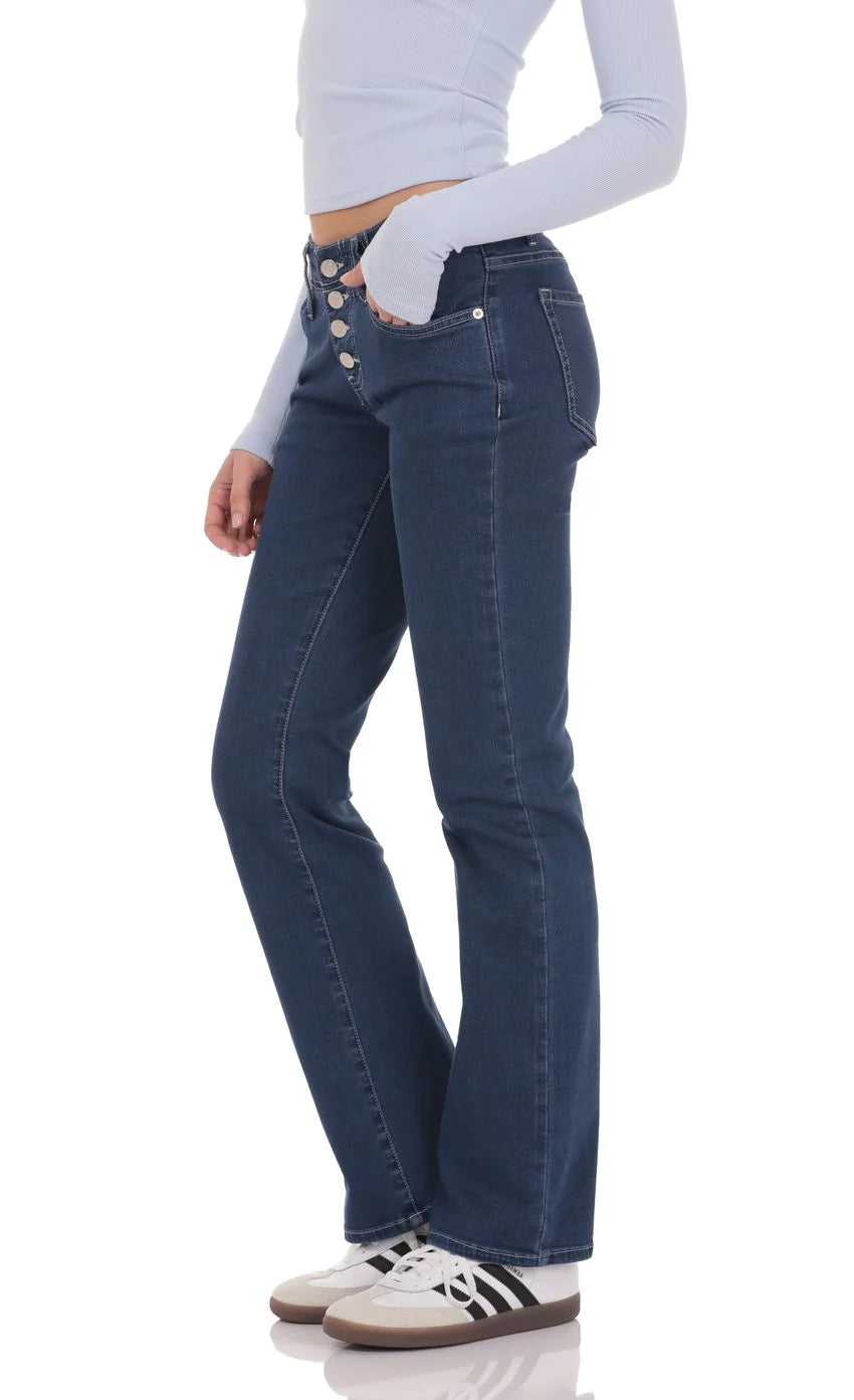 Button Fly Slim Jeans in Dark Blue