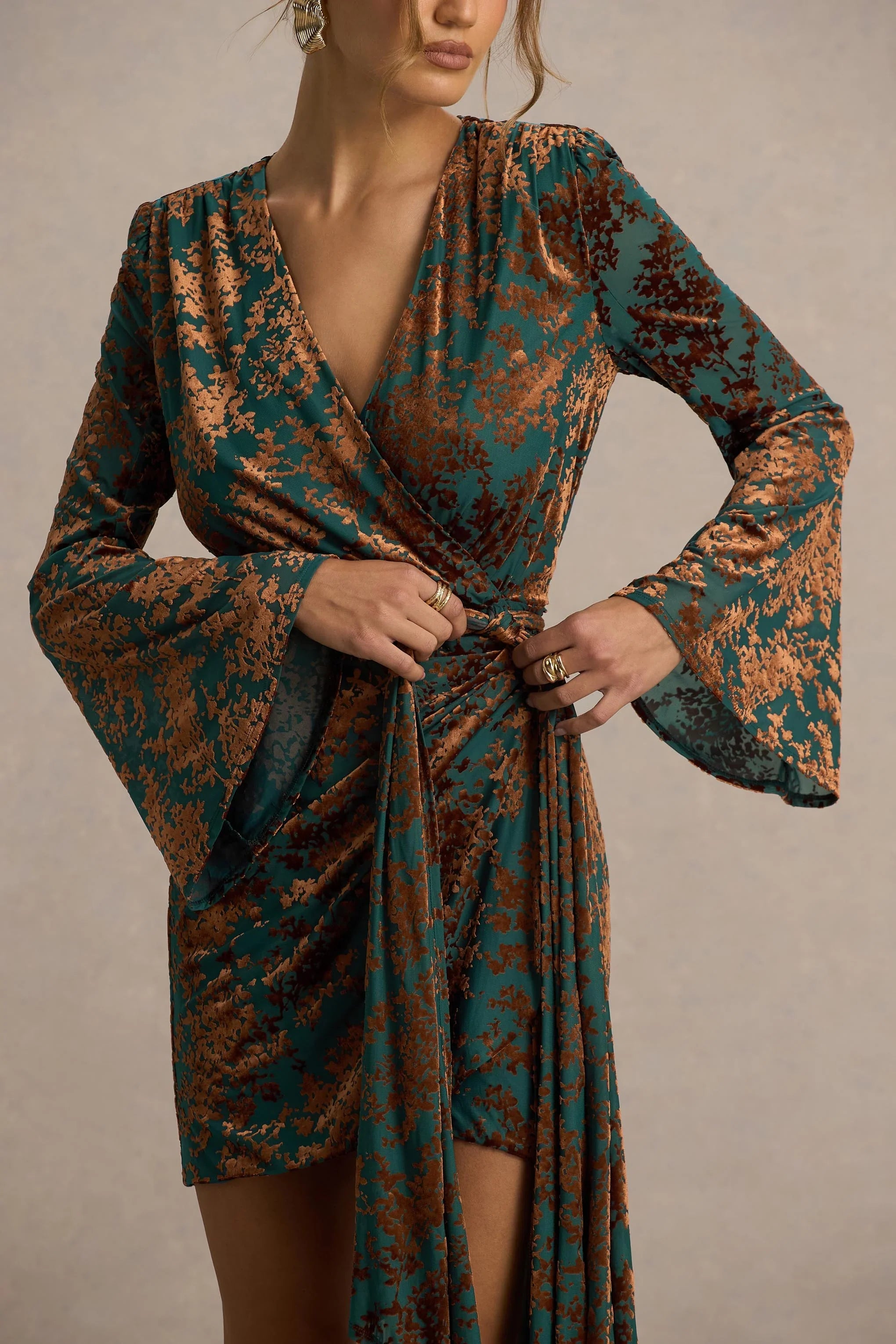 Dimitra Dark Green And Brown Velvet Devore Plunge Neck Wrap Mini Dress
