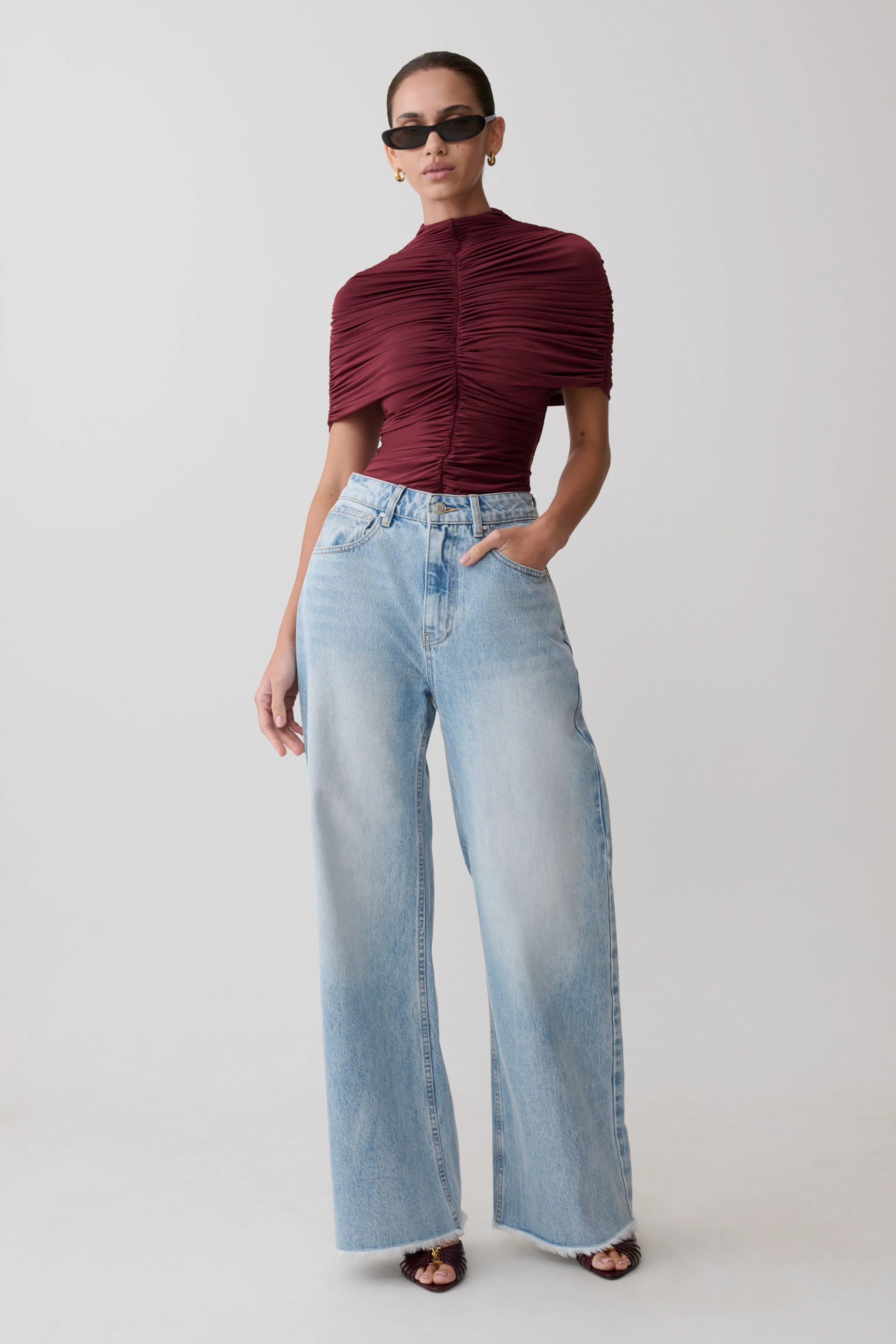 Linh Slinky High Neck Gathered Top Mahogany