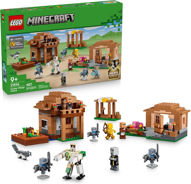 LEGO Minecraft Evoker Village Attack 21596 Building Toys for Boys Girls Ages 9 Sturdy Build for Pretend Play 11 Minecraft Minifigures 607 pieces Gift for Gamers