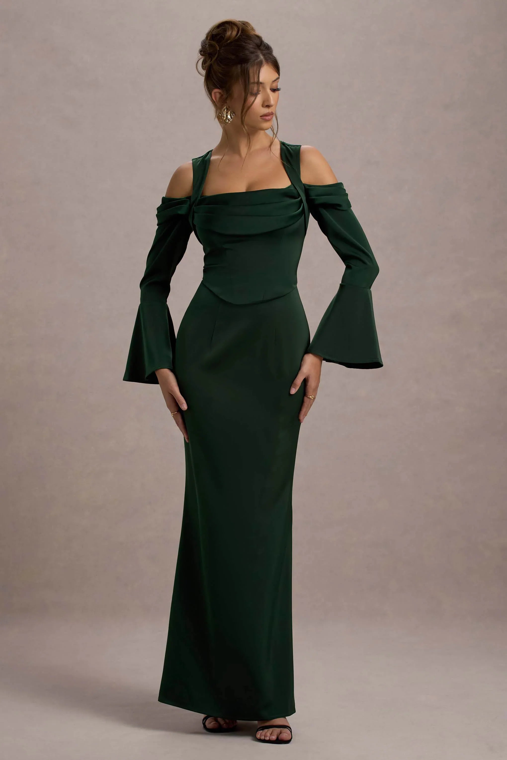 Heartthrob Green Satin Draped Bardot Maxi Dress