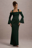 Heartthrob Green Satin Draped Bardot Maxi Dress