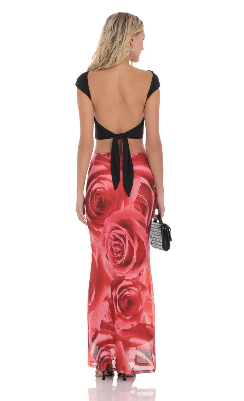 Mesh Rose Maxi Skirt in Red