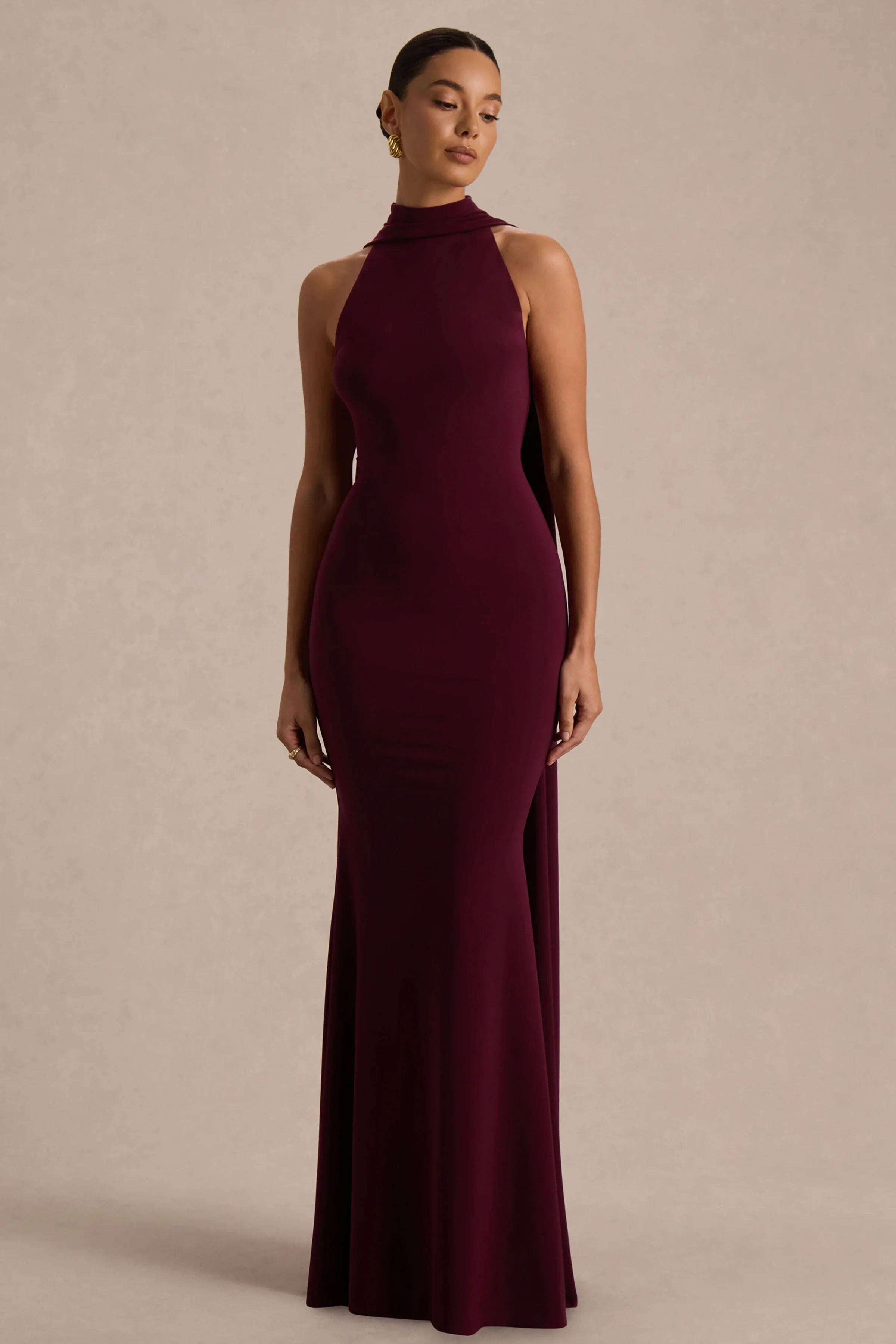 Cordy Burgundy High Neck Maxi Dress With Scarf Detail