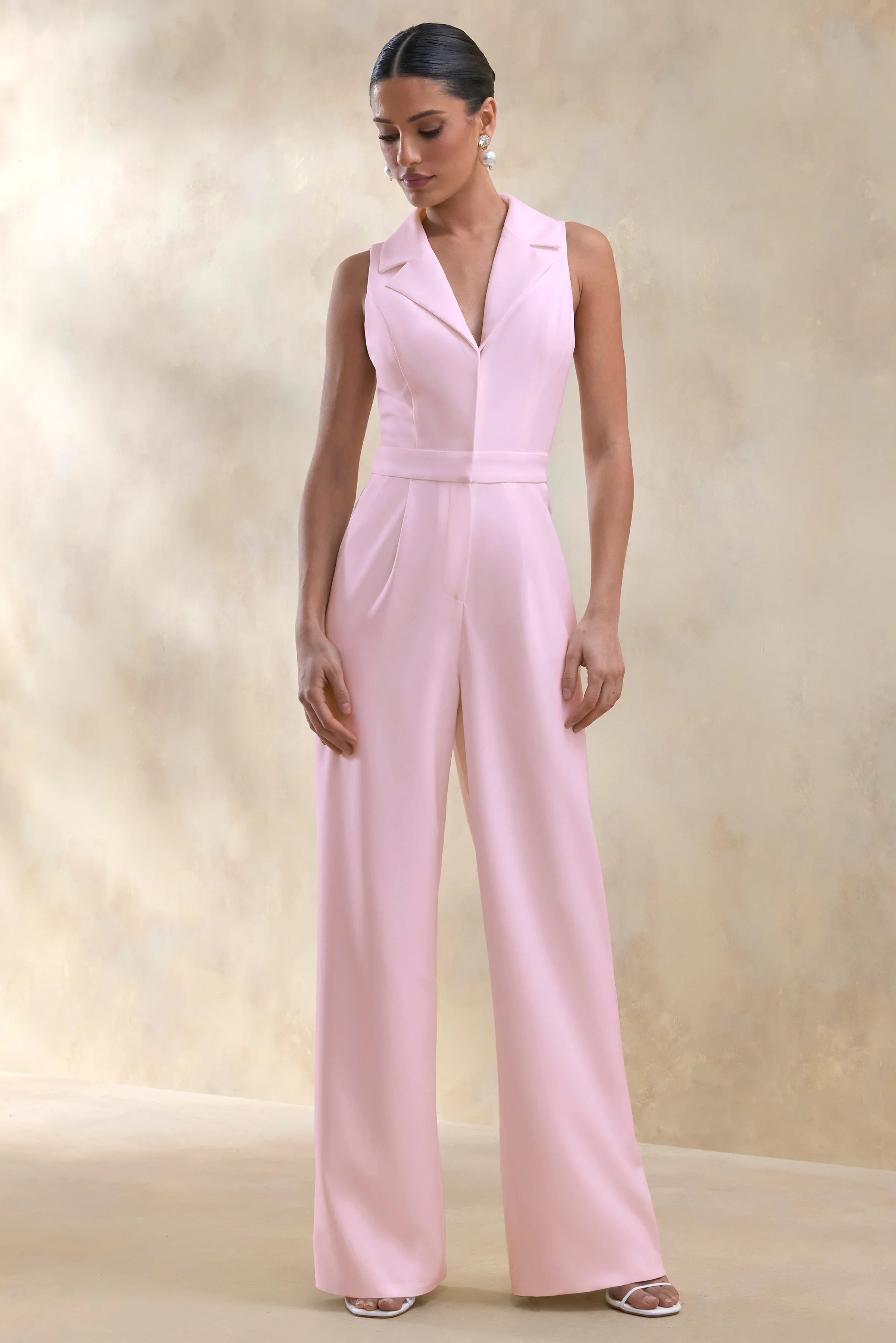 Brillora Light Pink Plunge Neck Tailored Jumpsuit
