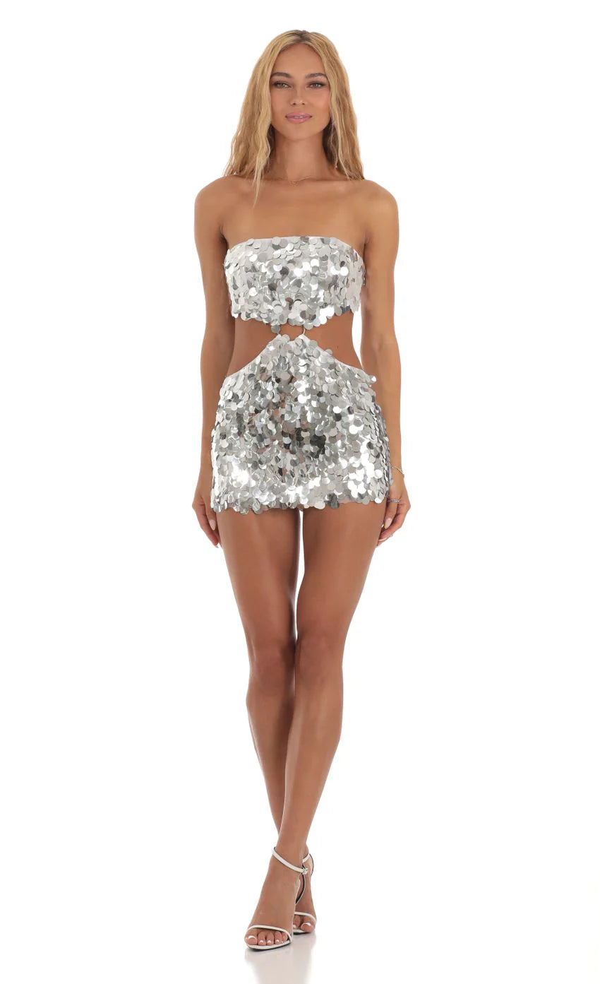 Silver Sequin Cutout Dress in White