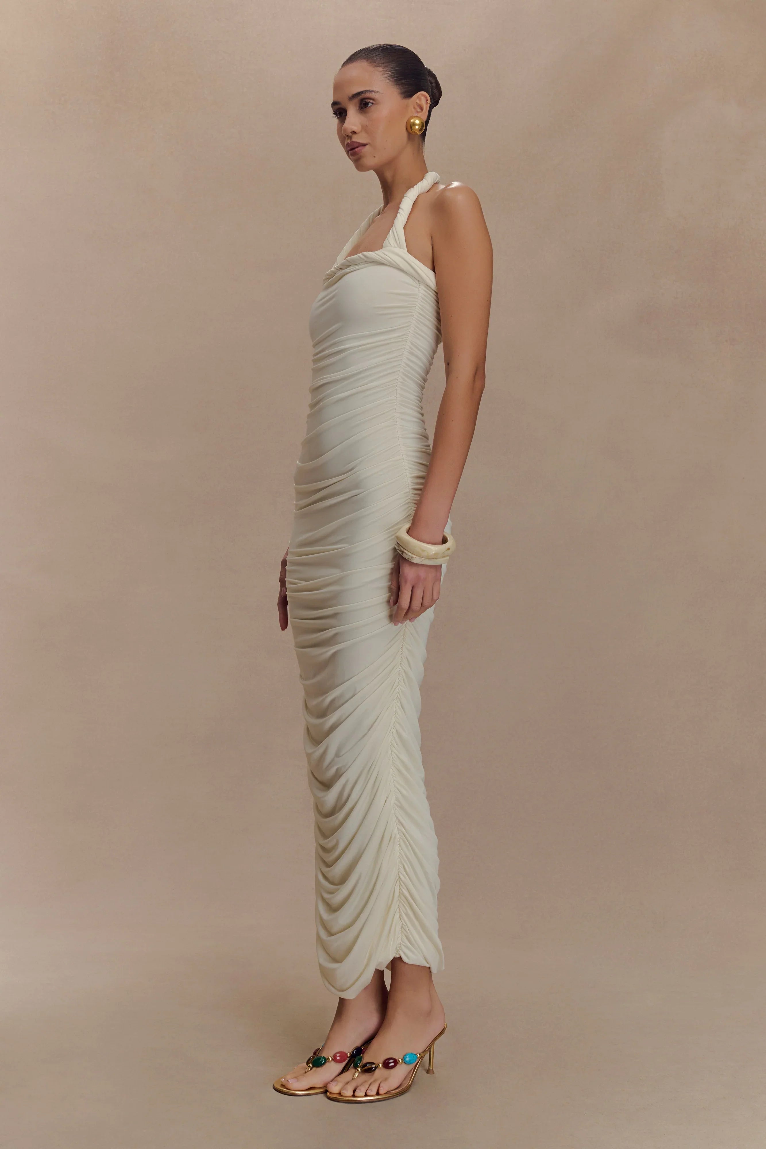 Camila Ruched Halter Midi Dress Ivory