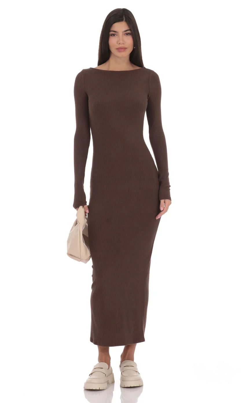 Ribbed Open Back Maxi Dress in Brown