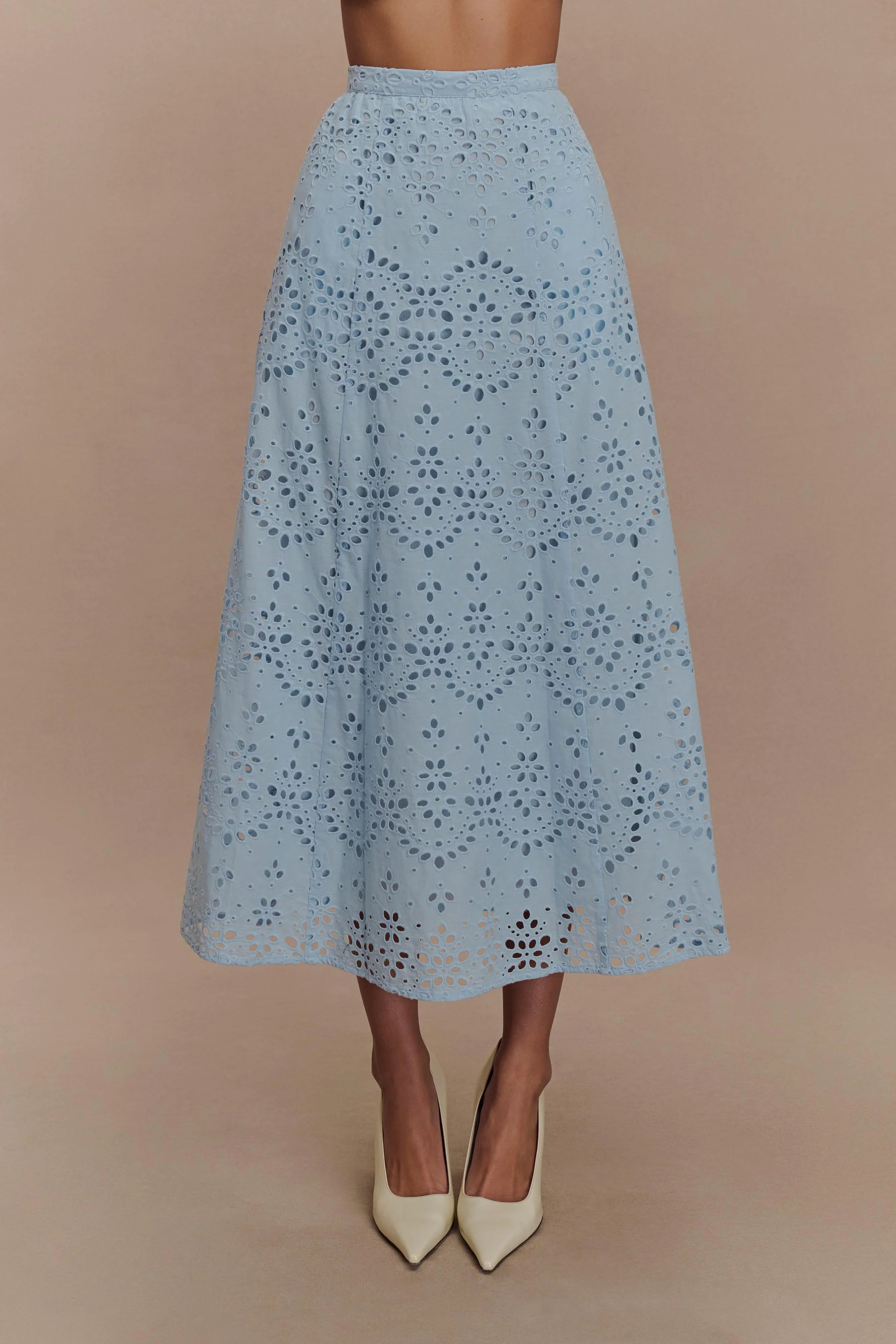 Arla Broderie Midi Skirt Pale Cornflower Blue