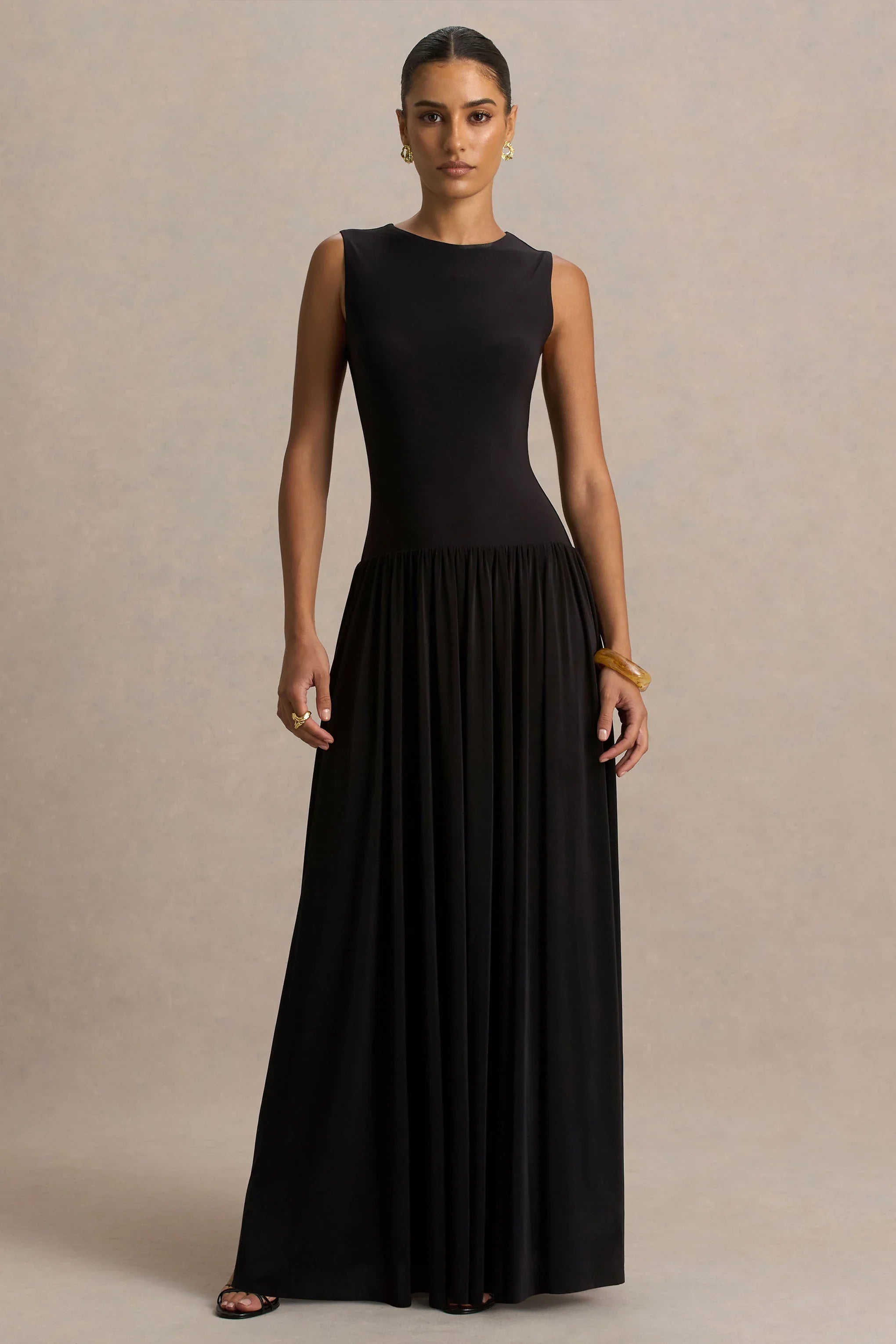 Rosalita Black Crew Neck Maxi Dress With Drop Waist