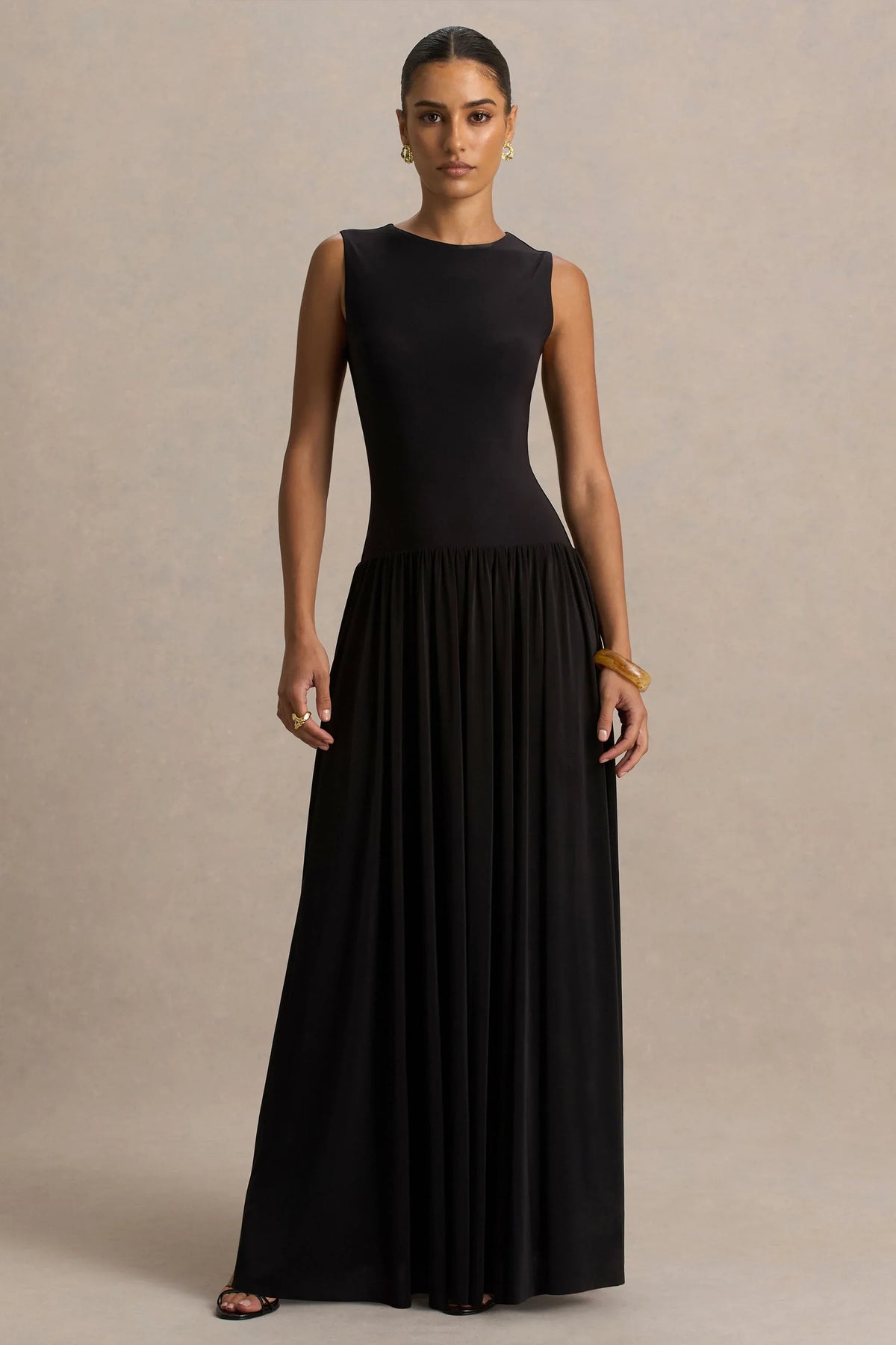 Rosalita Black Crew Neck Maxi Dress With Drop Waist