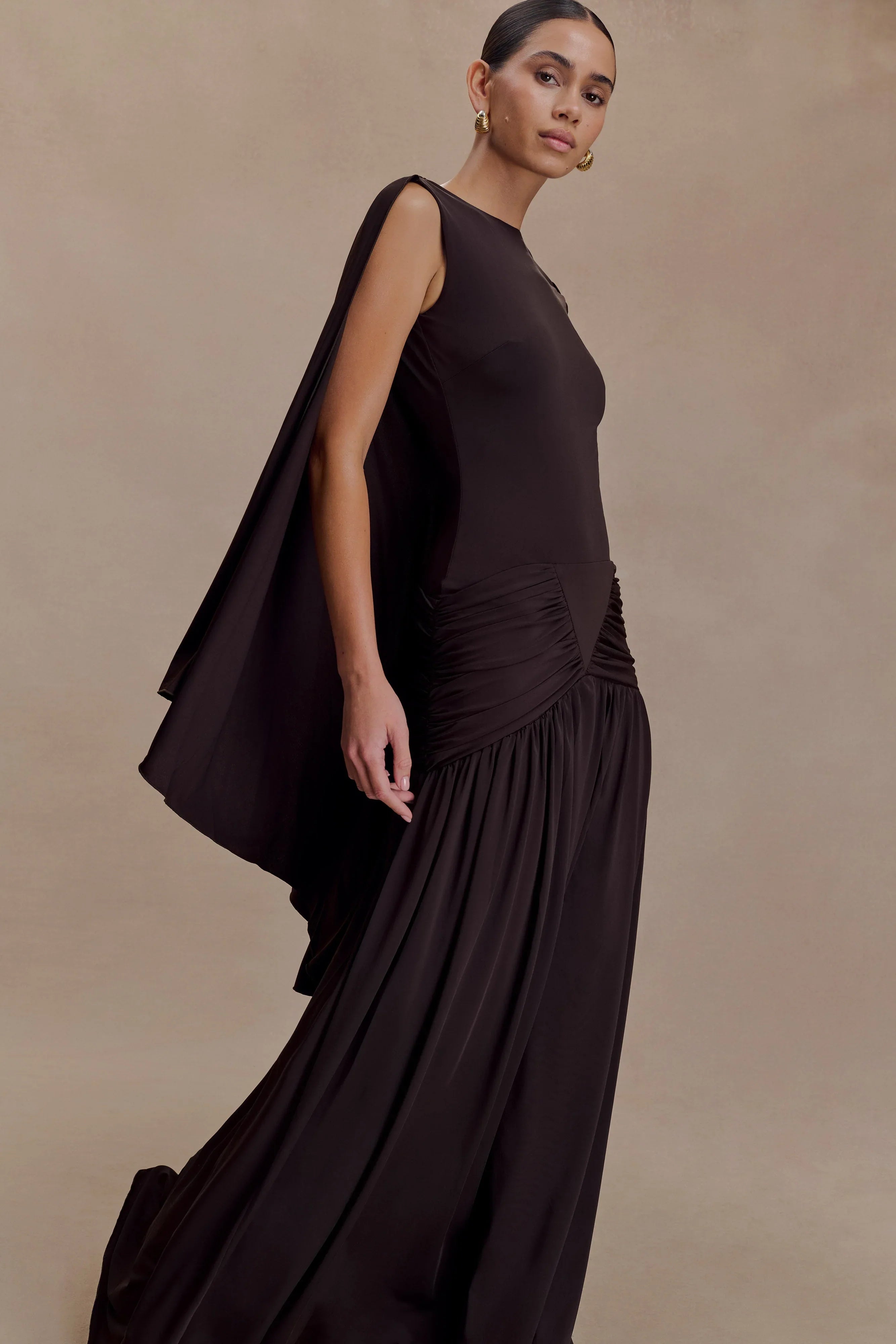 Emory Jersey Cape Maxi Dress Chocolate