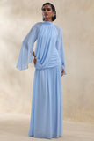 Narella Blue Chiffon High Neck Maxi Dress With Draped Detailing