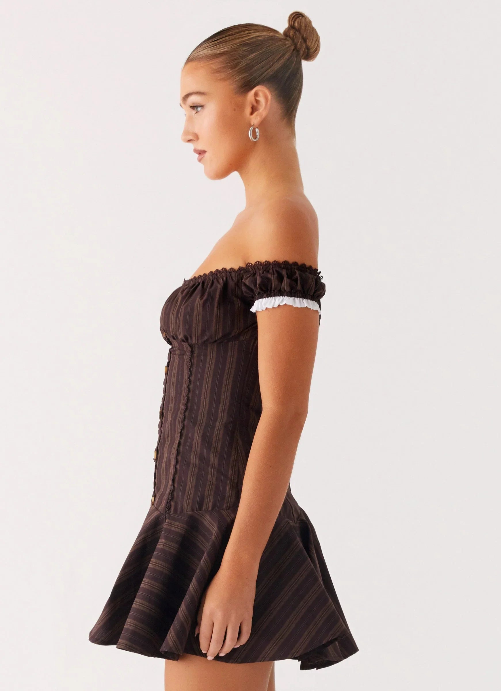 Jumana Off Shoulder Mini Dress Toffee Stripe