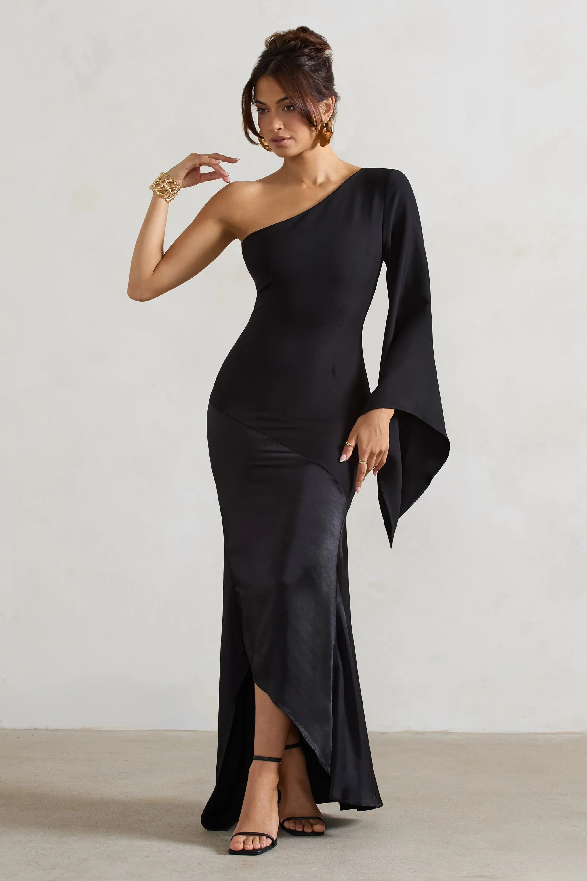 Salem Black Asymmetric Cape Sleeve Maxi Dress With Satin Skirt