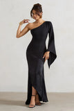 Salem Black Asymmetric Cape Sleeve Maxi Dress With Satin Skirt