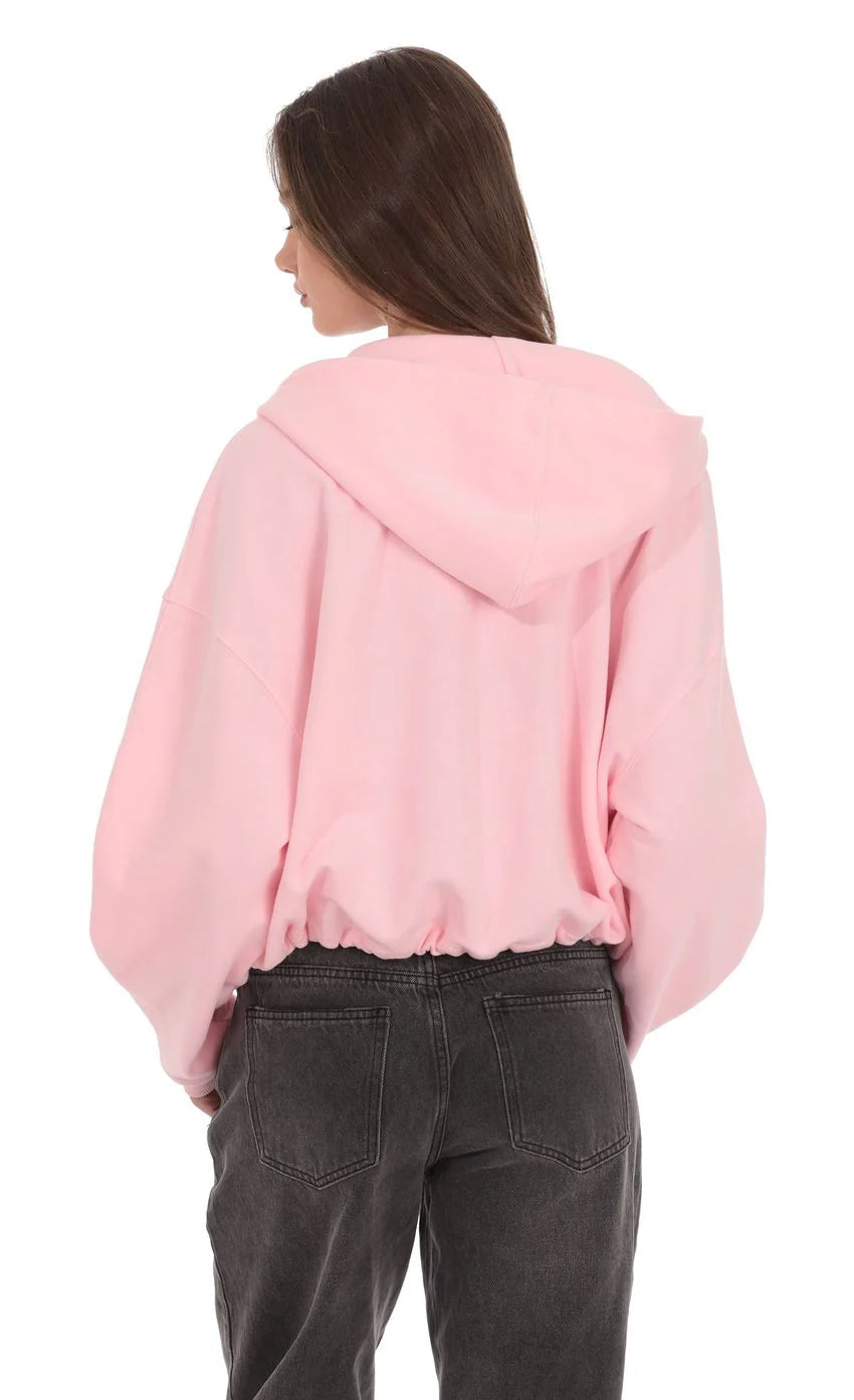 Cropped Fleece Zip Up Hoodie in Pink