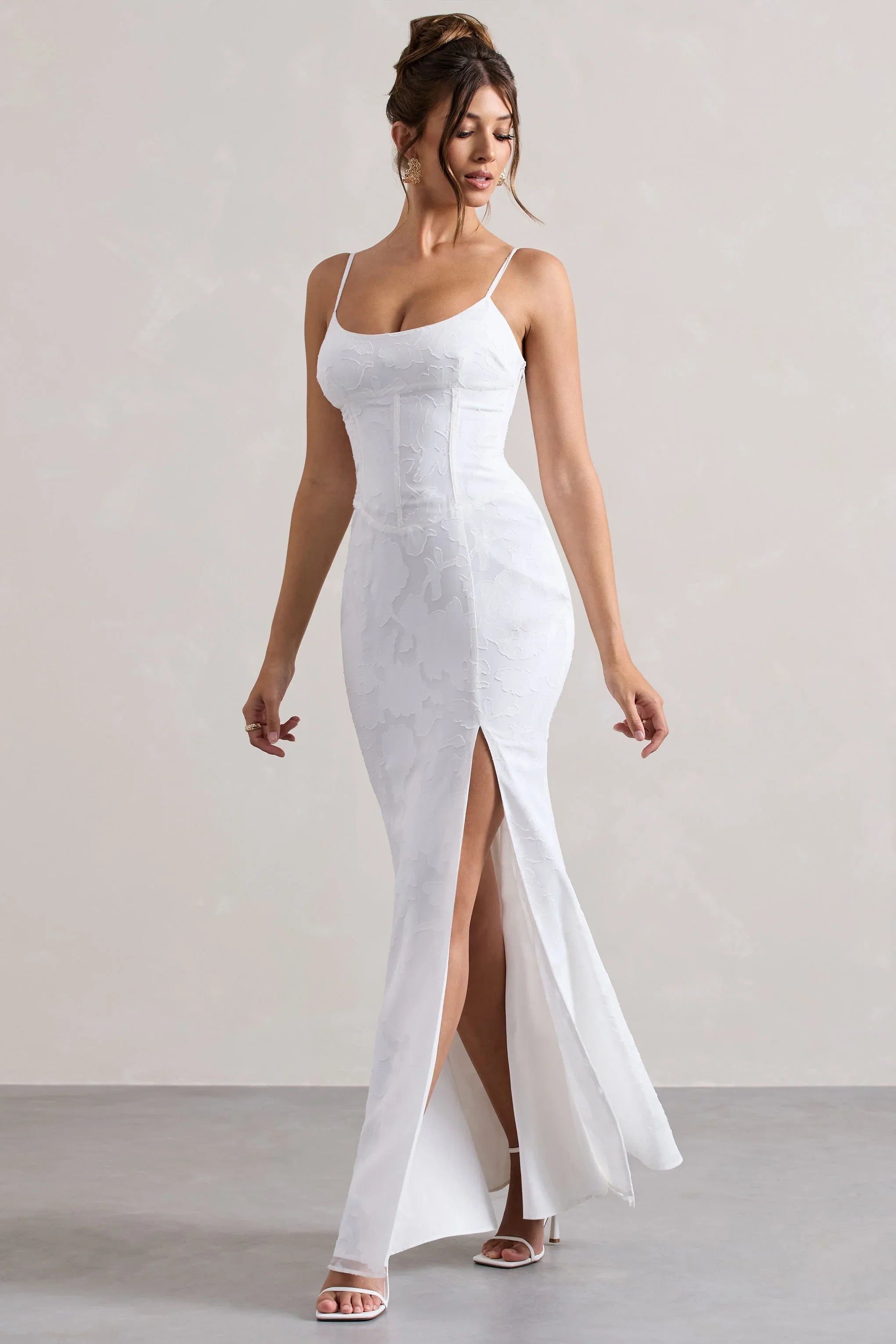 Intimacy White Lace Corset Split Maxi Dress
