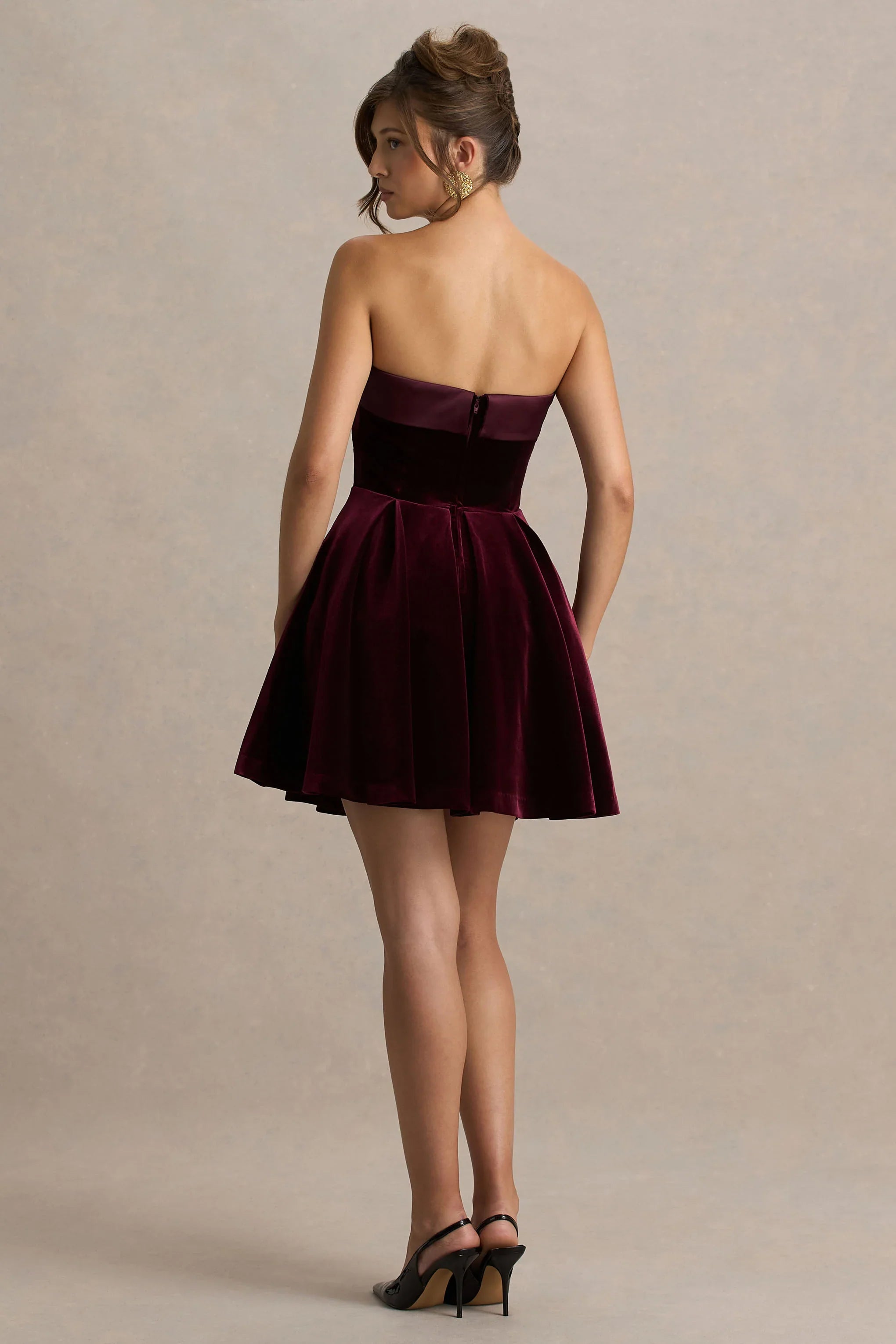 Mina Burgundy Velvet And Satin Bandeau Skater Mini Dress