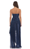 Foil Mesh Asymmetrical High Low Maxi Dress in Navy