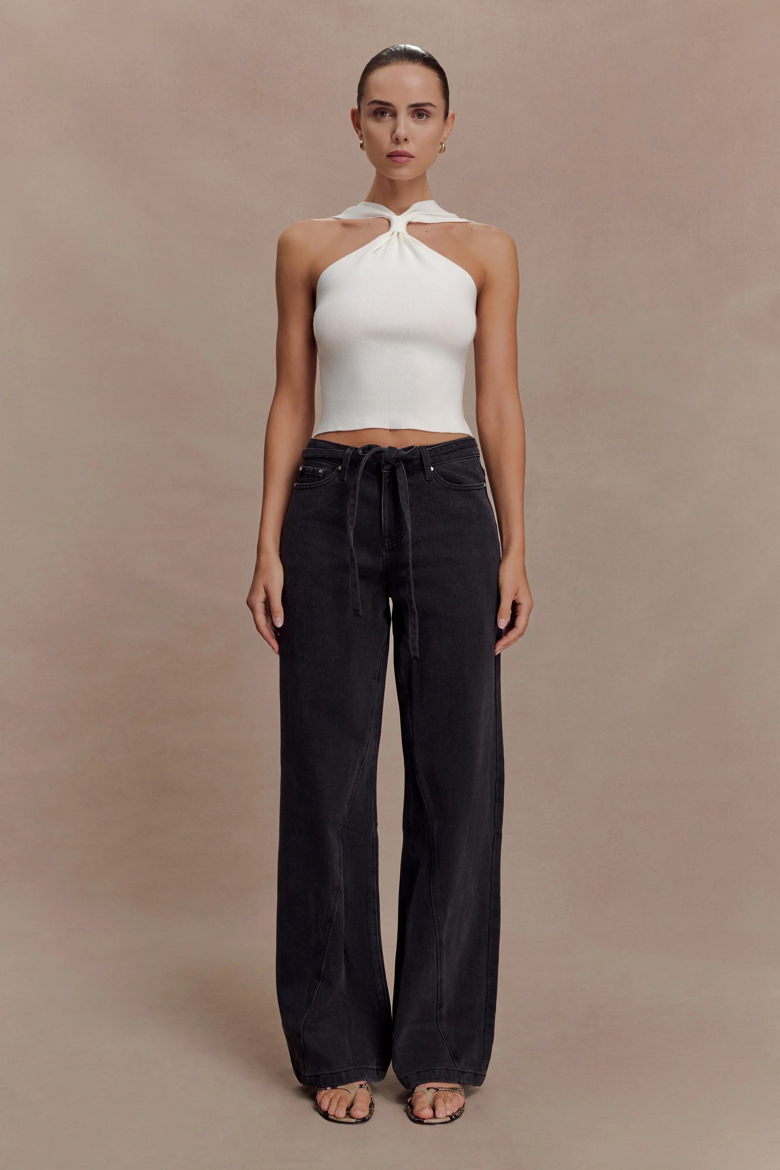 Perrie Mid Rise Straight Leg Tie Jeans Washed Black