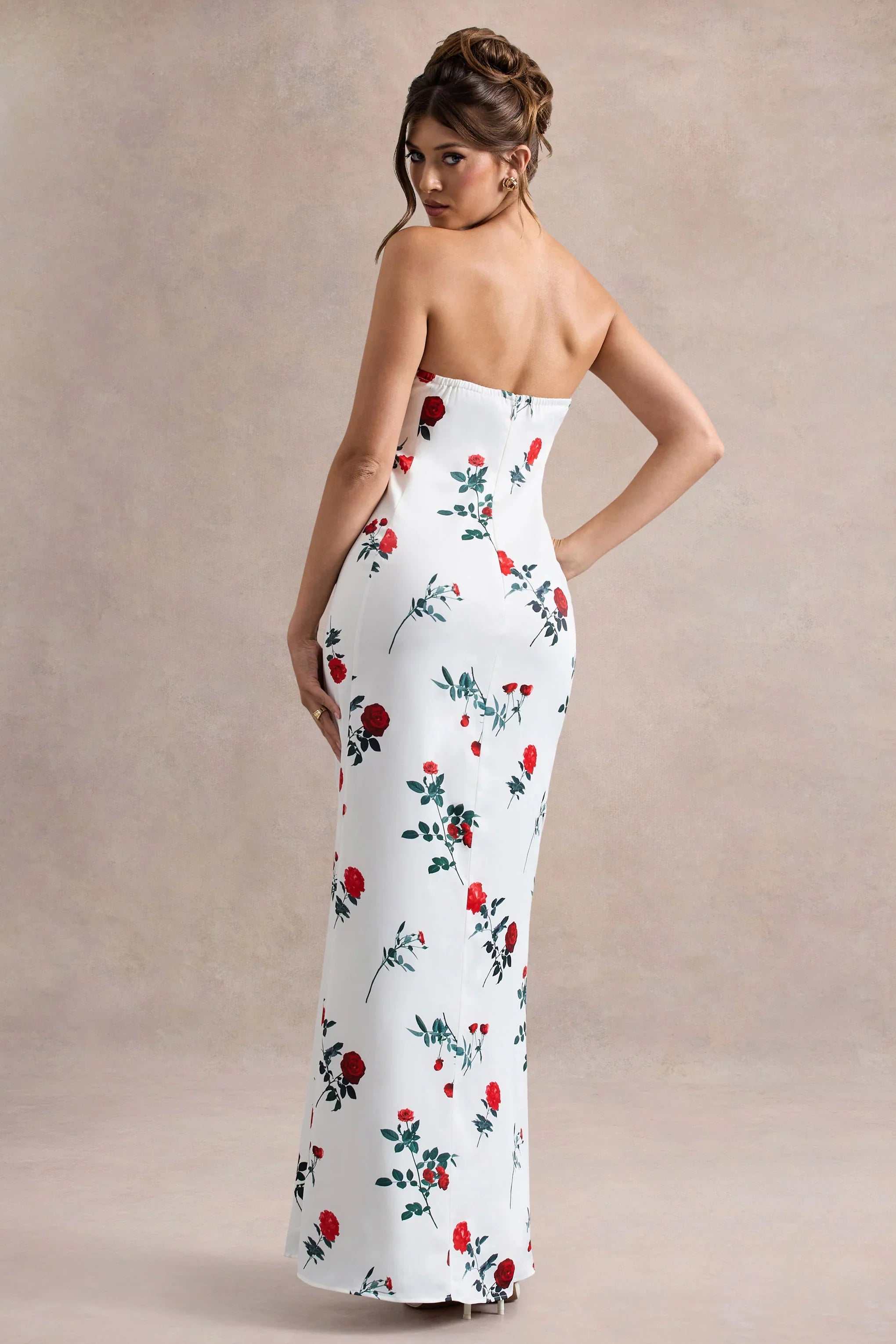 Azra Rose Print Satin Bandeau Maxi Dress