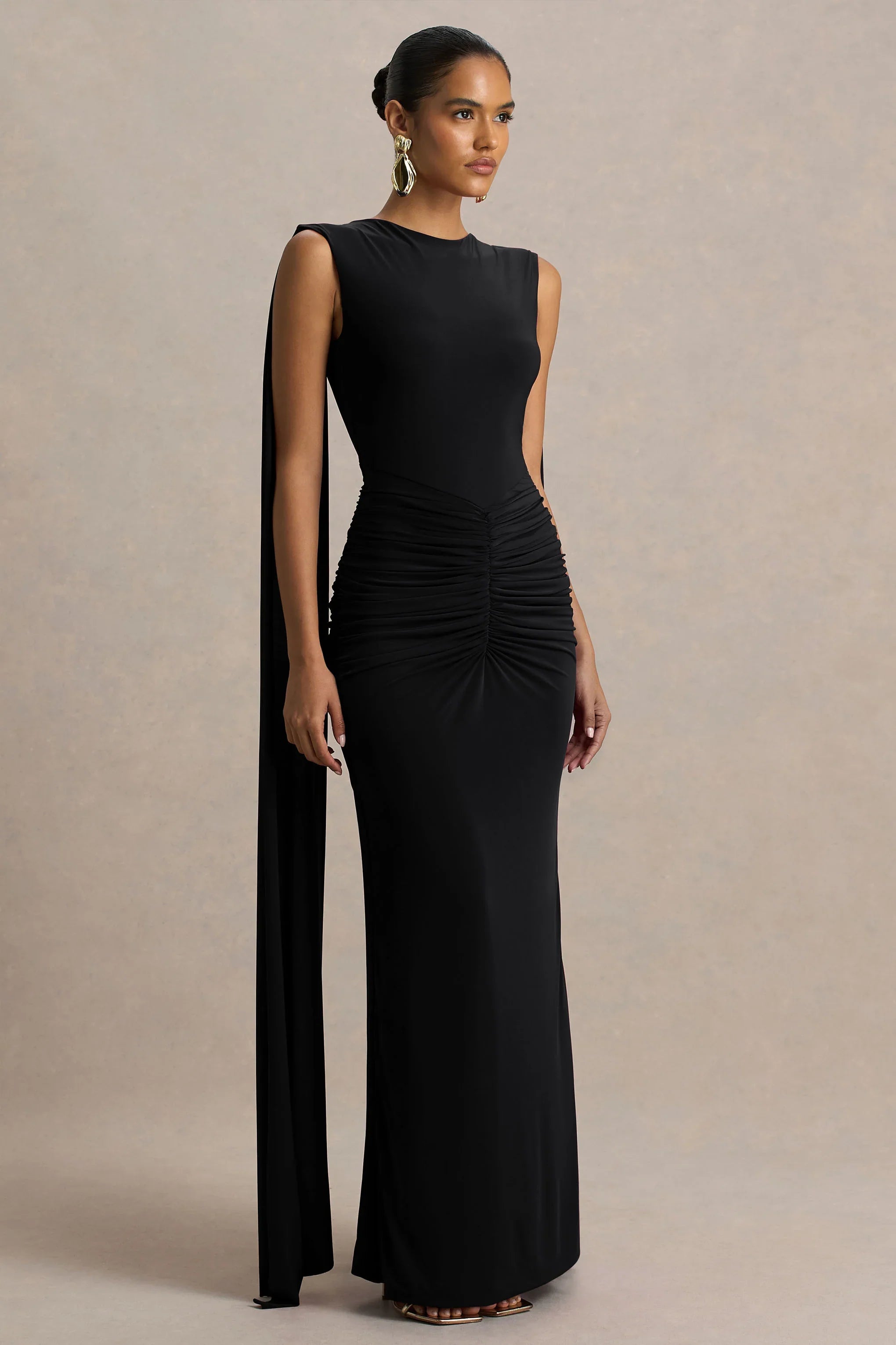 Premiere Black Boat Neck Maxi Dress With Open Back And Cape Sleeves