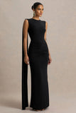 Premiere Black Boat Neck Maxi Dress With Open Back And Cape Sleeves