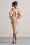 Couture Client Champagne Halter Neck Puff Sleeve Midi Dress
