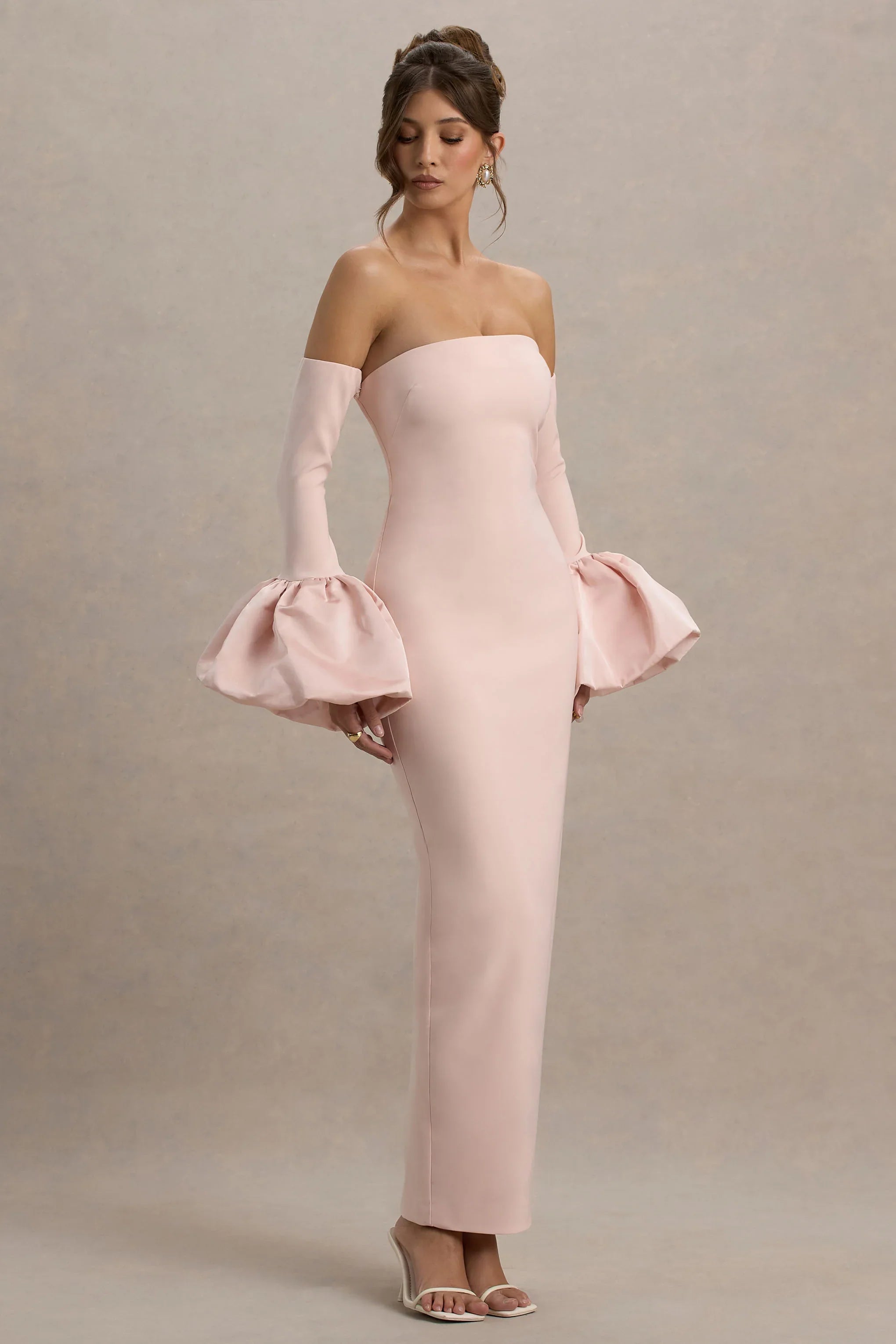 Myah Pink Bandeau Long Sleeve Maxi Dress With Puff Cuffs