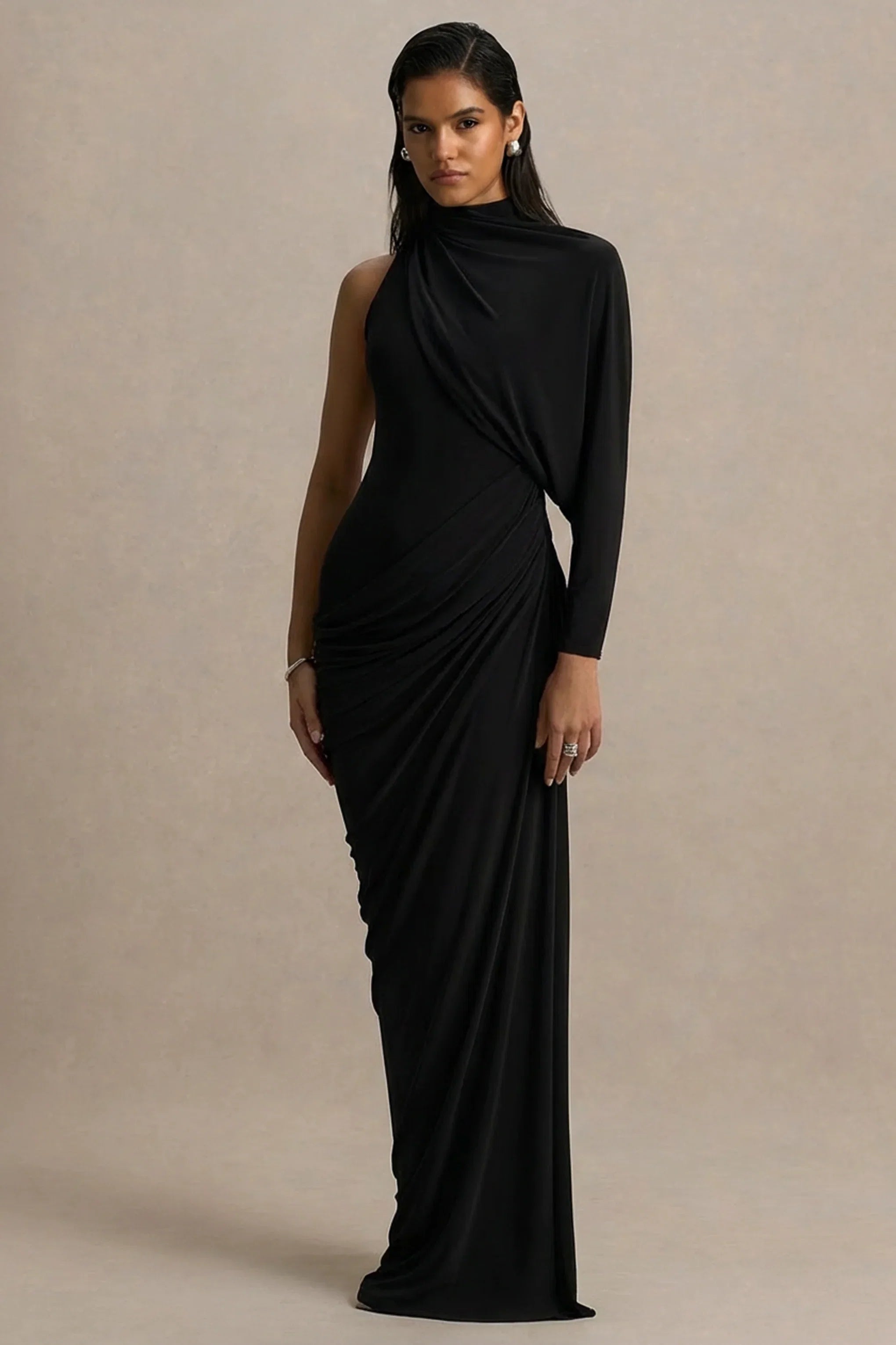 Aphra Black High Neck Maxi Dress With Cape Sleeve
