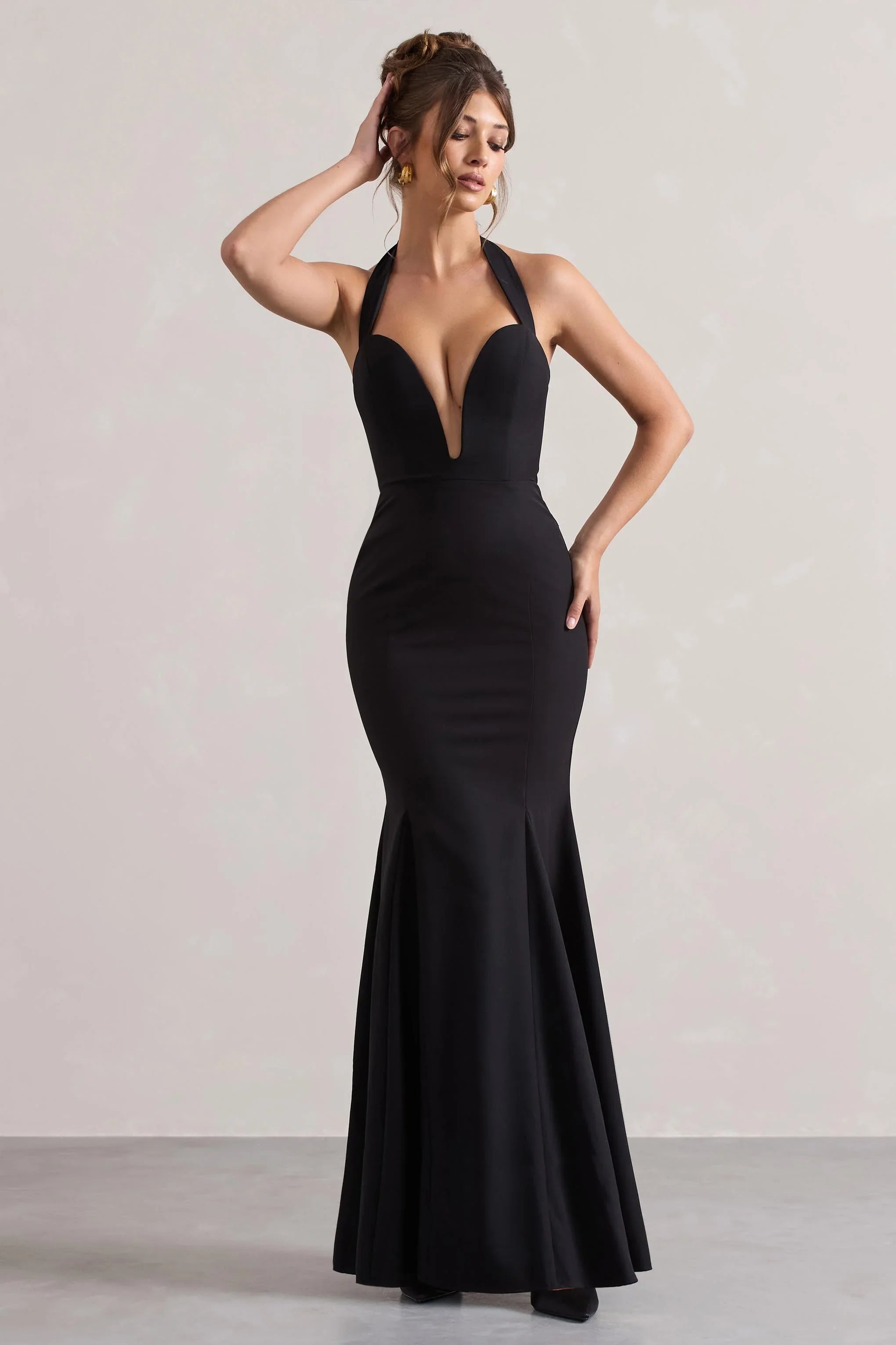 Plaza Black Plunge Halter Neck Fishtail Maxi Dress