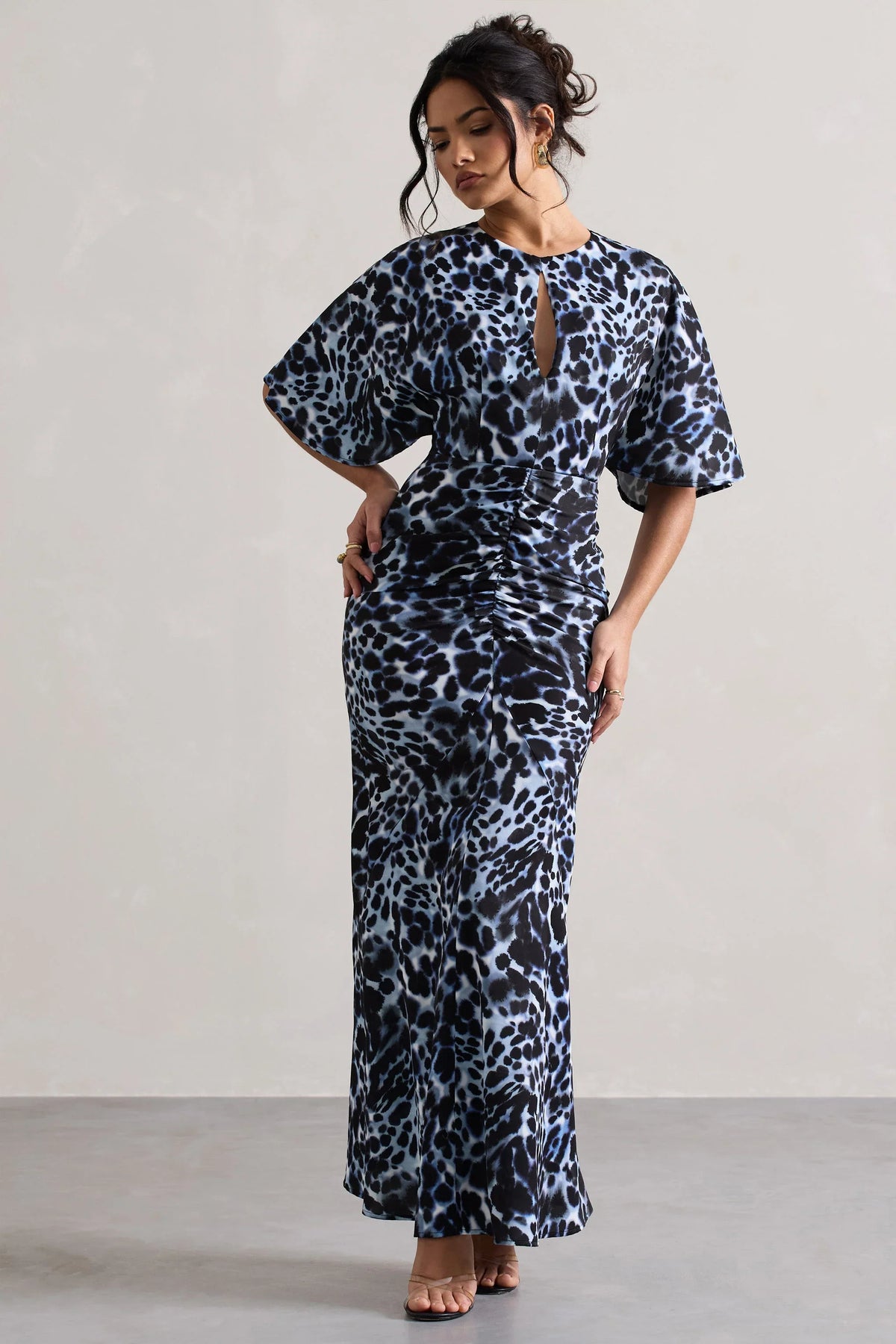 Elidy Animal Print Ruched Flutter Sleeve Cut Out Maxi Dress