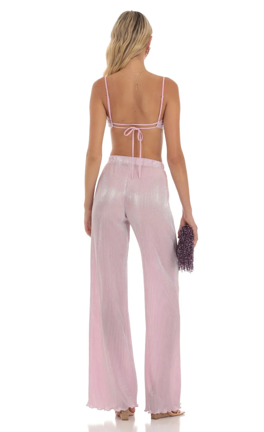 Pleated Shimmer Two Piece Set in Pink