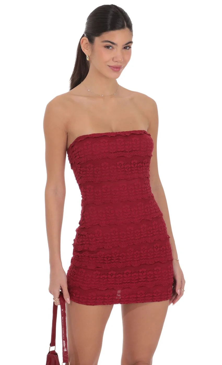 Strapless Ruffle Lace Dress in Red