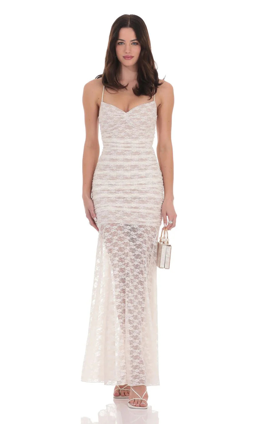 Lace Ruched Mermaid Dress in White