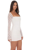 Sheer Lace Ruched Long Sleeve Mini Dress in White