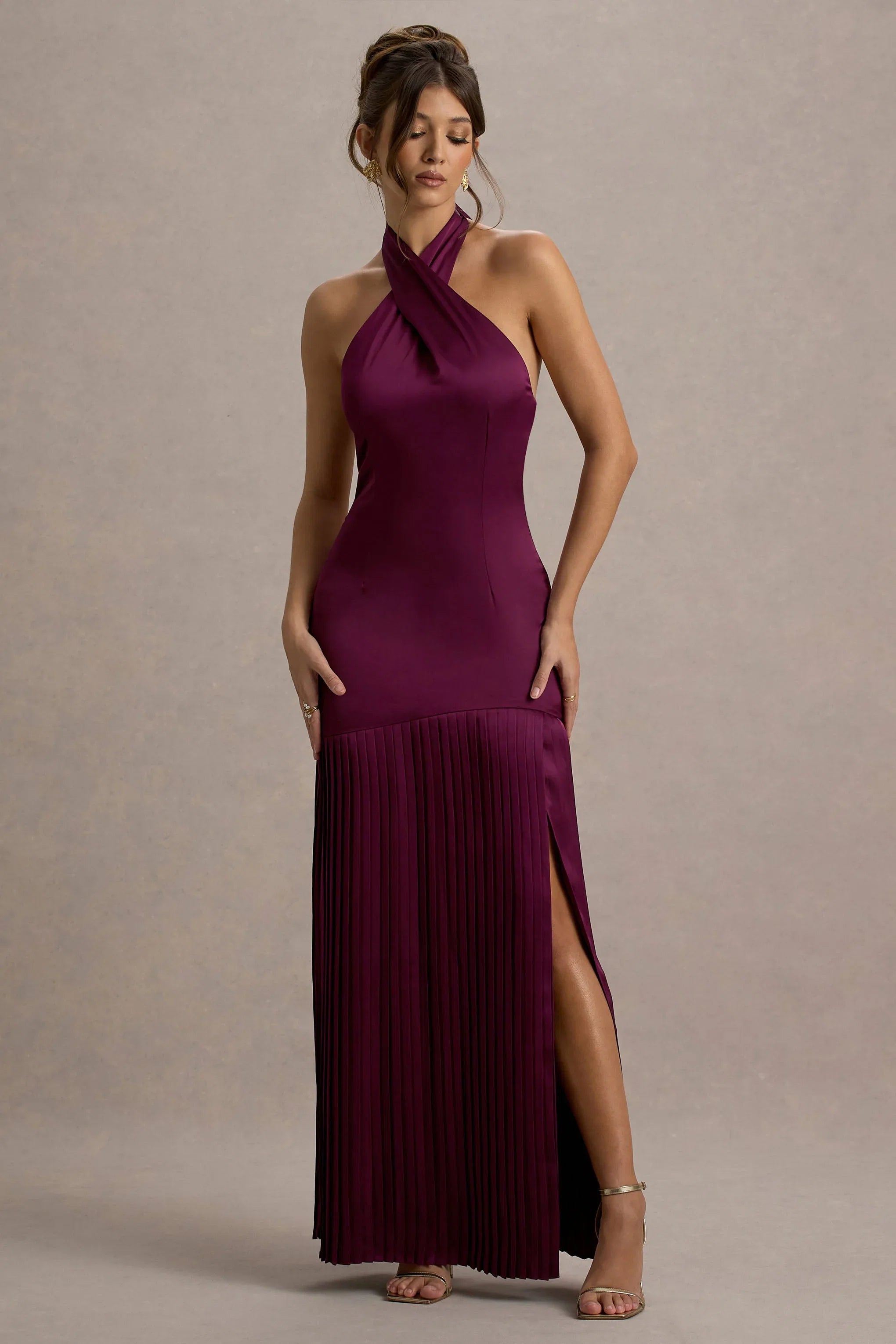 Sansa Burgundy Satin Cross Halter Neck Plisse Maxi Dress