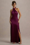 Sansa Burgundy Satin Cross Halter Neck Plisse Maxi Dress