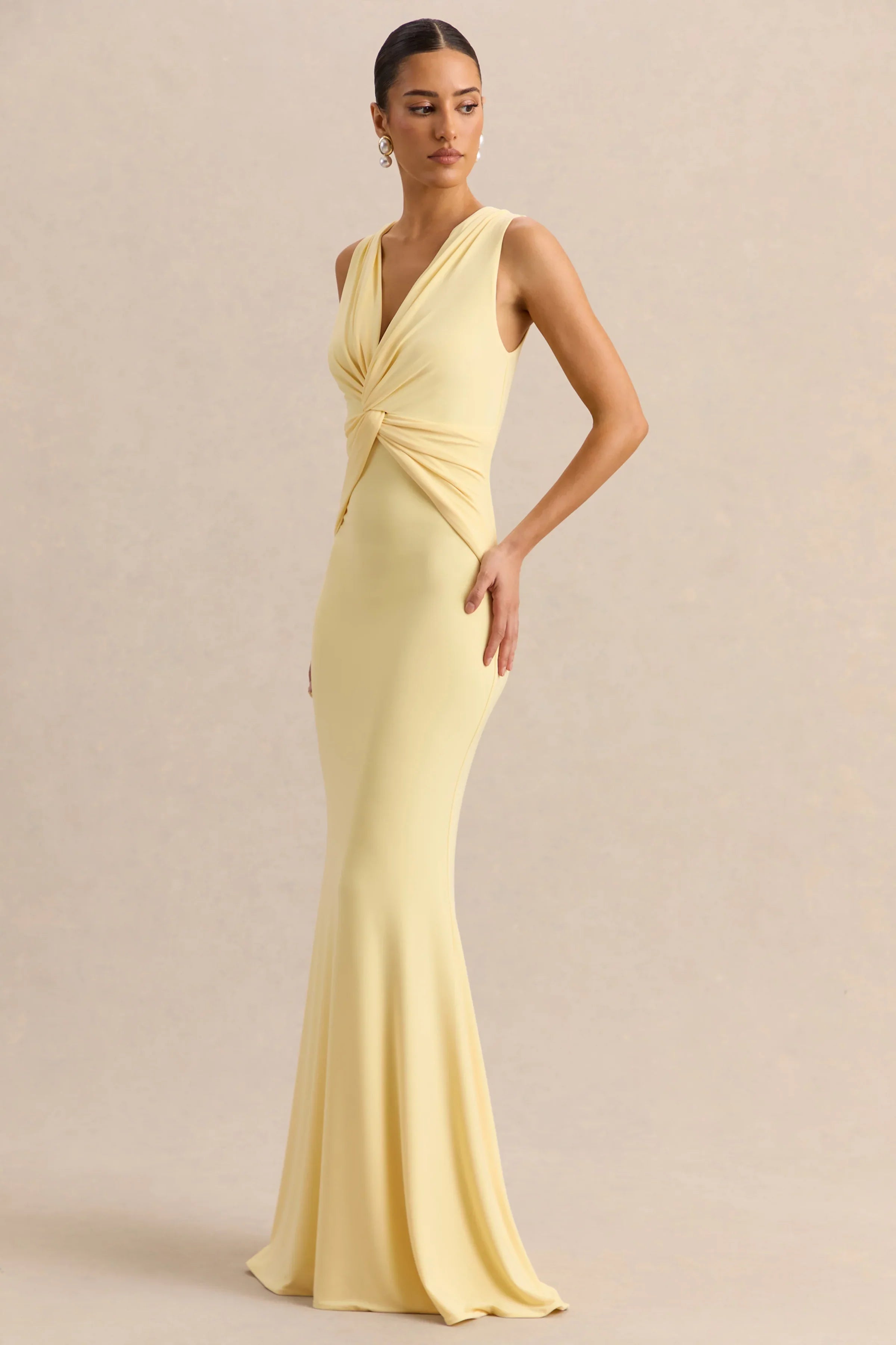 Holly Lemon Plunge Neck Maxi Dress With Twist Detail