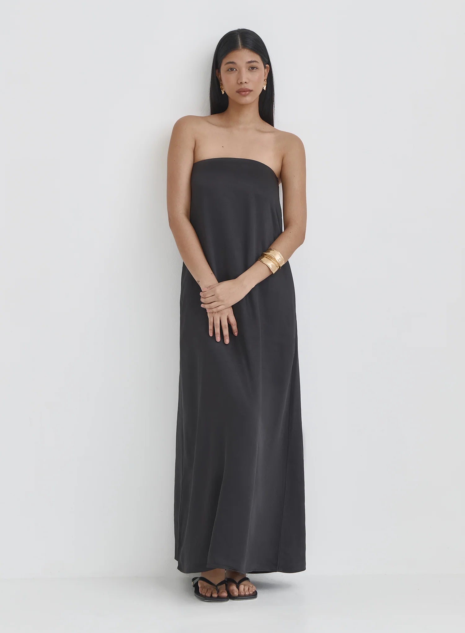 Black Satin Bandeau Maxi Dress