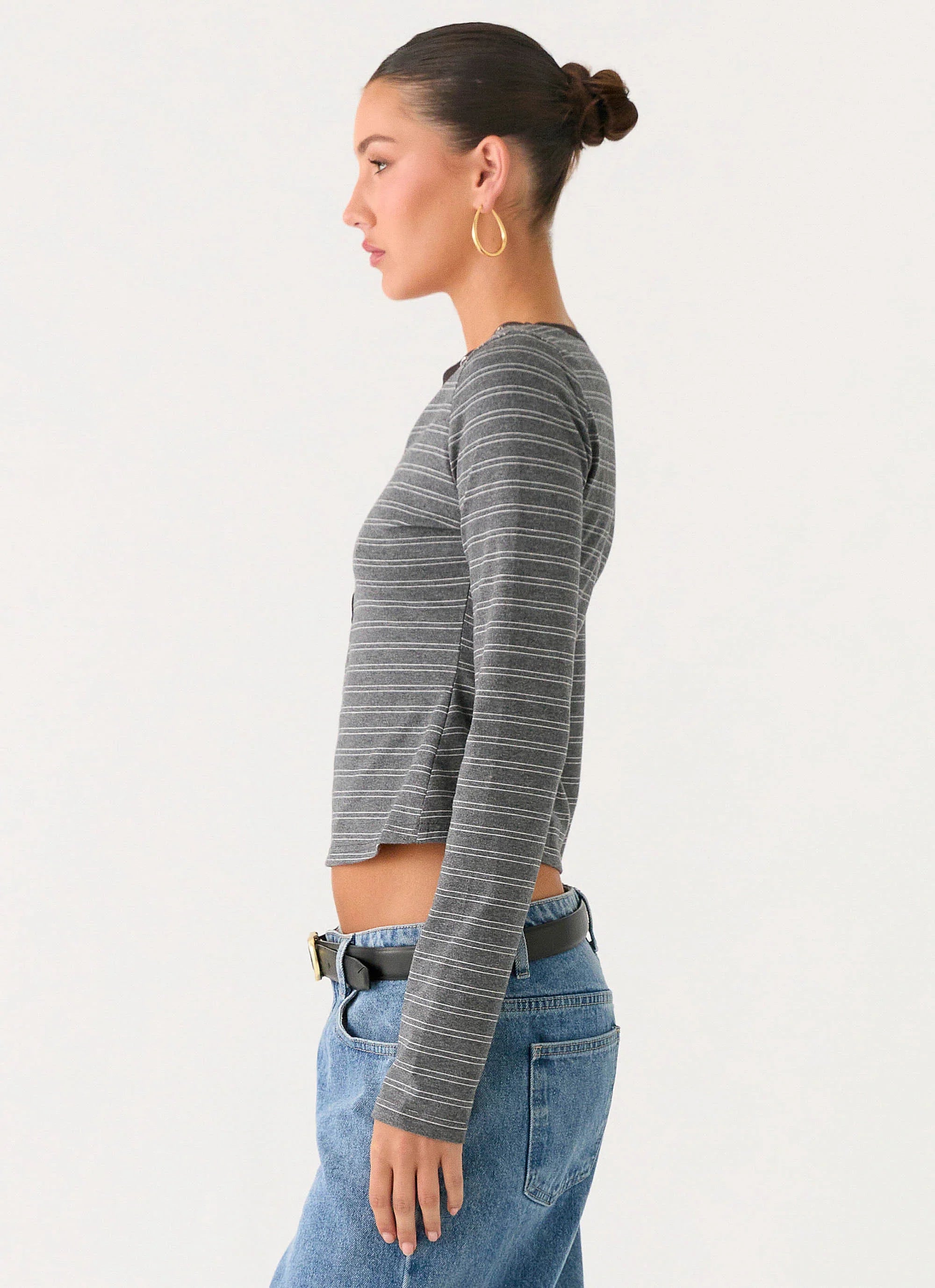 Kaytra Long Sleeve Top Grey Marle Stripe