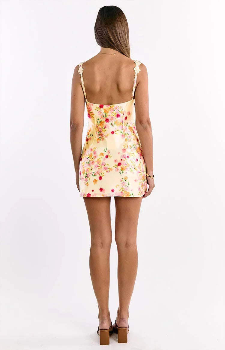 Marbelle Yellow Bloom Satin Mini Dress