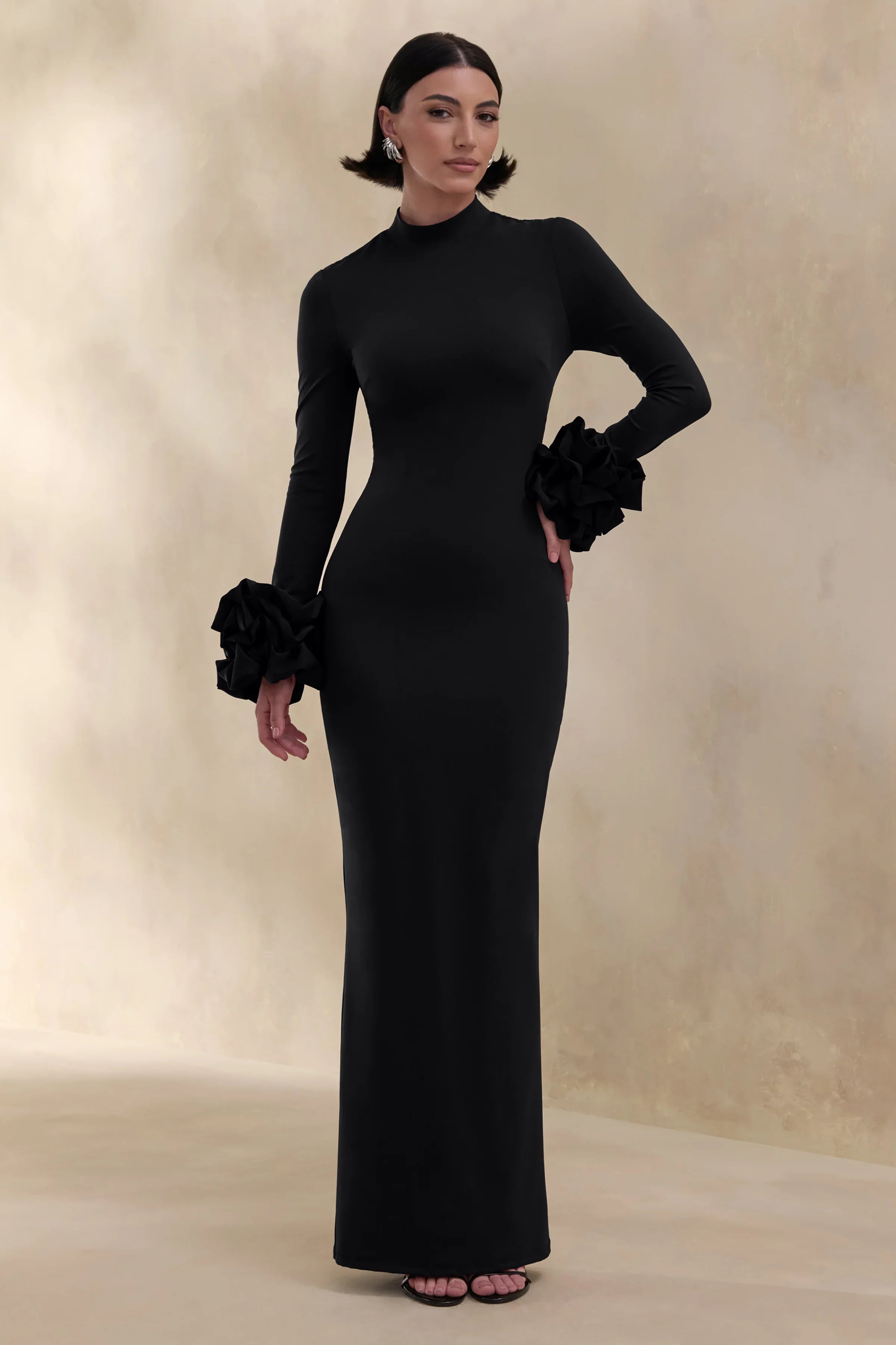 Jaselle Black High Neck Maxi Dress With Ruffled Satin Cuffs