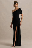 Dynasty Black Asymmetric Neck Maxi Dress With Ruched Detailing And Front High Split