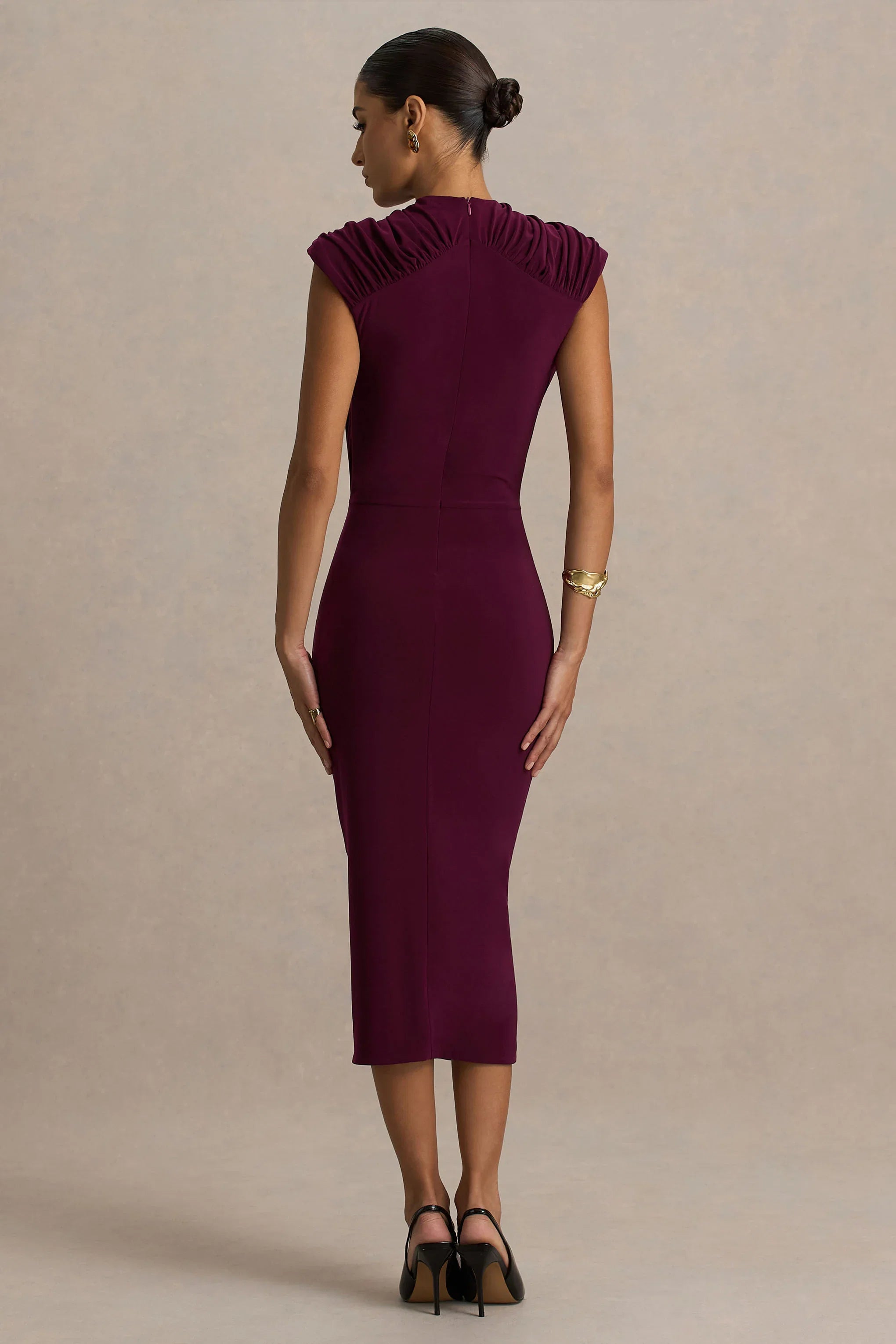 Hermia Burgundy High Neck Midi Dress