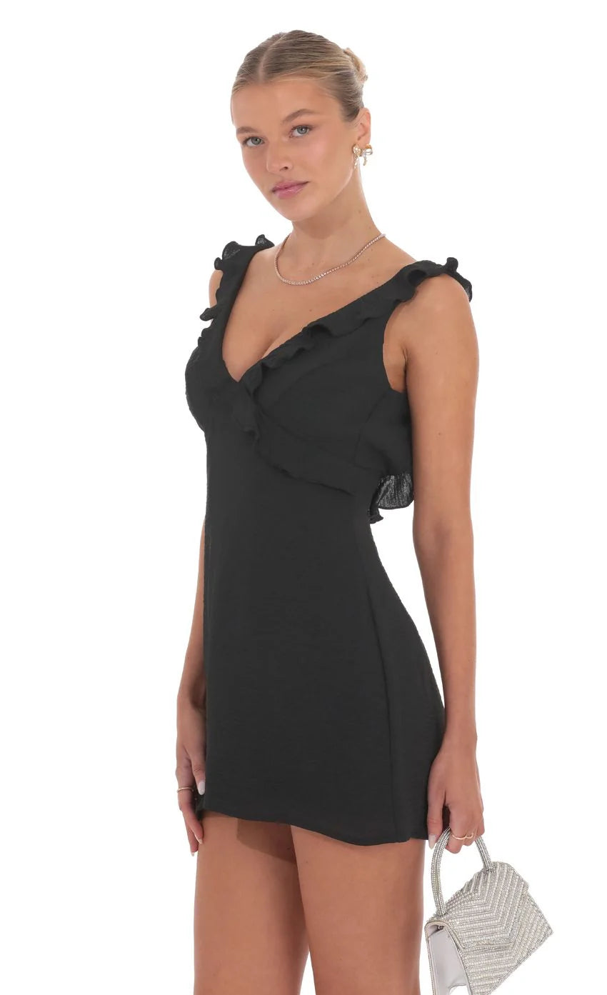 Ruffle V Neck Dress in Black