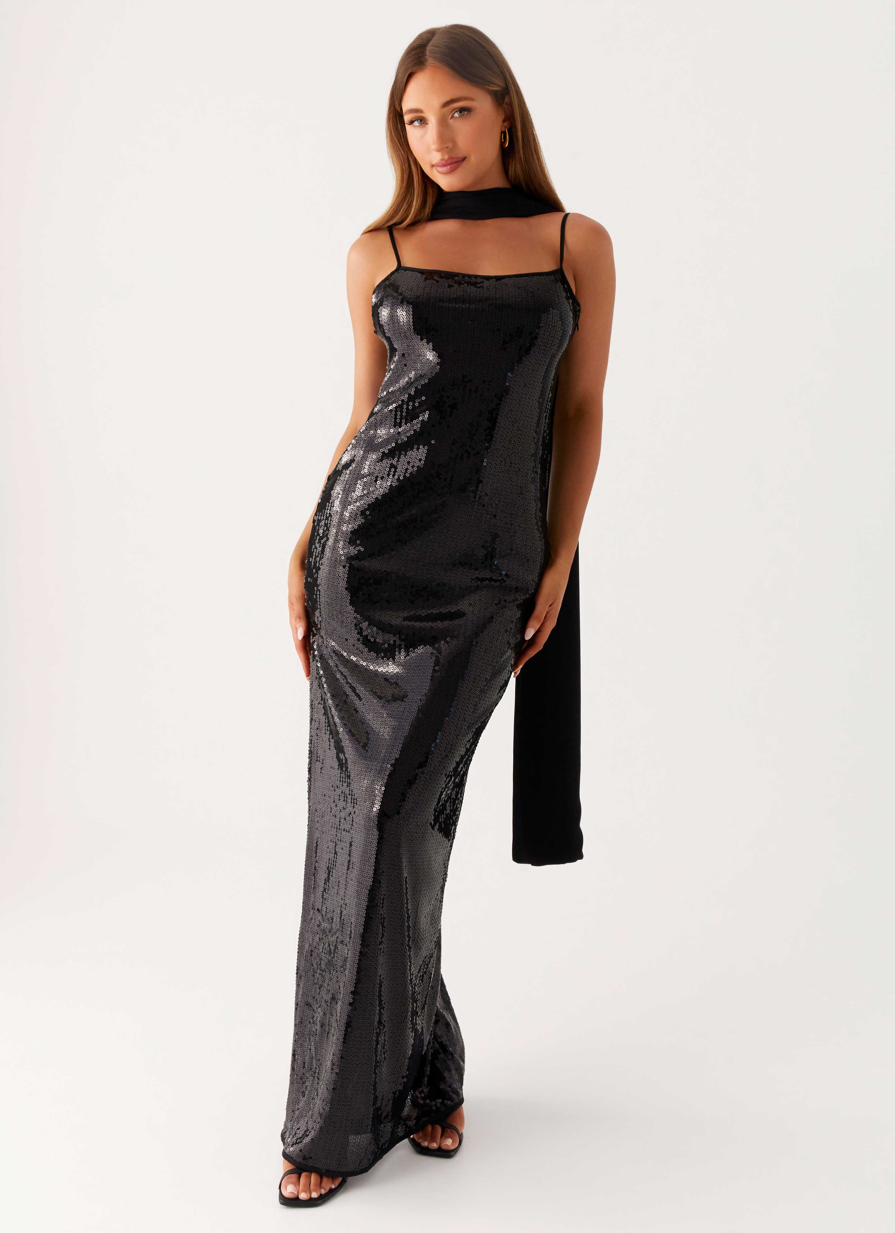 Scarf Neck Sequins Maxi Dress Black